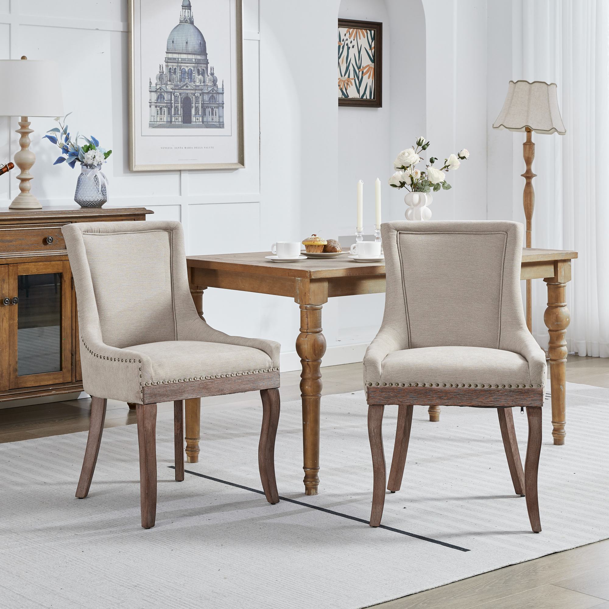 A&A Furniture,Ultra Side Dining Chair,Thickened Fabric Chairs With Neutrally Toned Solid Wood Legs,Bronze Nail Head,Set Of 2,Beige,DE1807BG