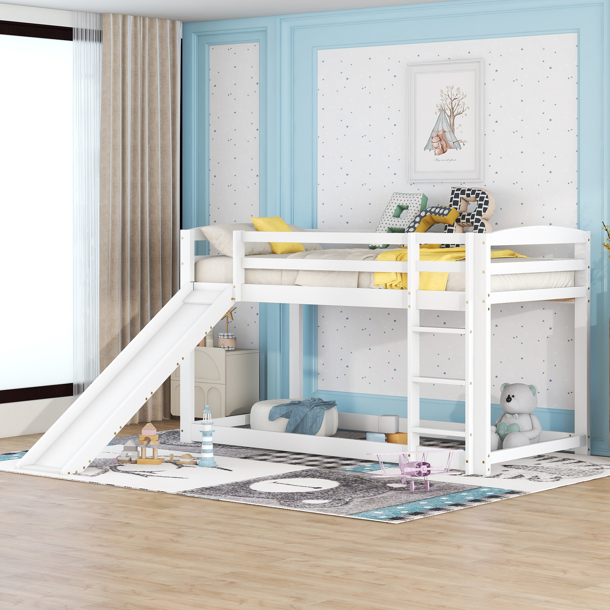 WX000303AAK-1 Bunk Bed For Children And Teenagers, Cot With Slide, Solid Wood Frame, Easy Assembly, 90x200cm, White