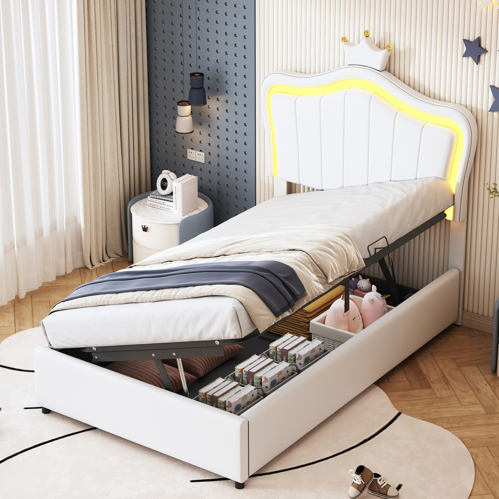 Upholstered Bed Children's Bed 90x200 Cm, With Crown Design, With LED Lighting, Hydraulic Storage Bed, Height-Adjustable Headboard, Single High Box Bed With Slatted Frame, Faux Leather, White