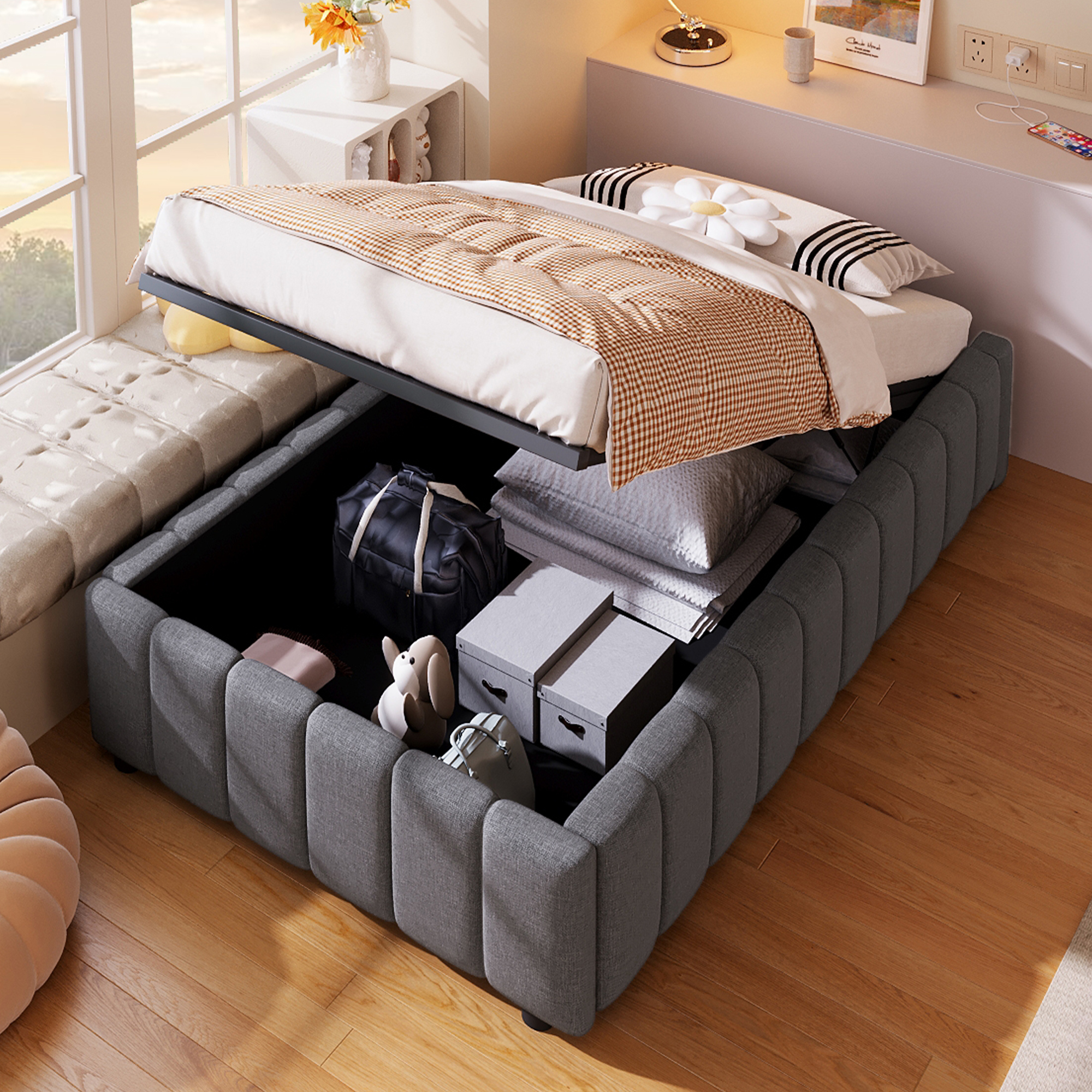 Upholstered Bed, 90X200cm, Hydraulic Storage, Without Headboard, Without Mattress, Grey
