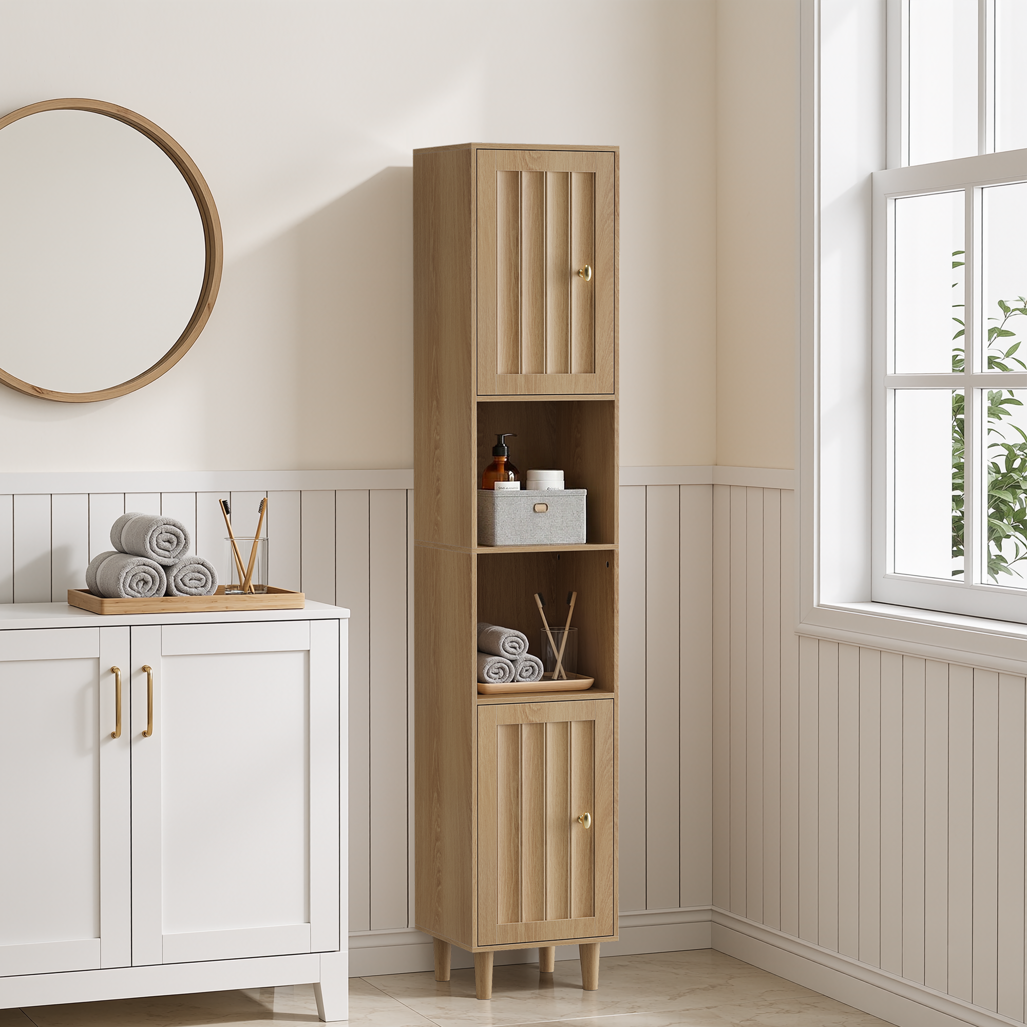 Tall Cabinet Washing Machine Cabinet, Bathroom Cabinet With Doors & Open Shelves, Narrow Wooden Storage Cabinet For Laundry Room, Balcony, Bathroom, Kitchen, Freestanding, Oak Look