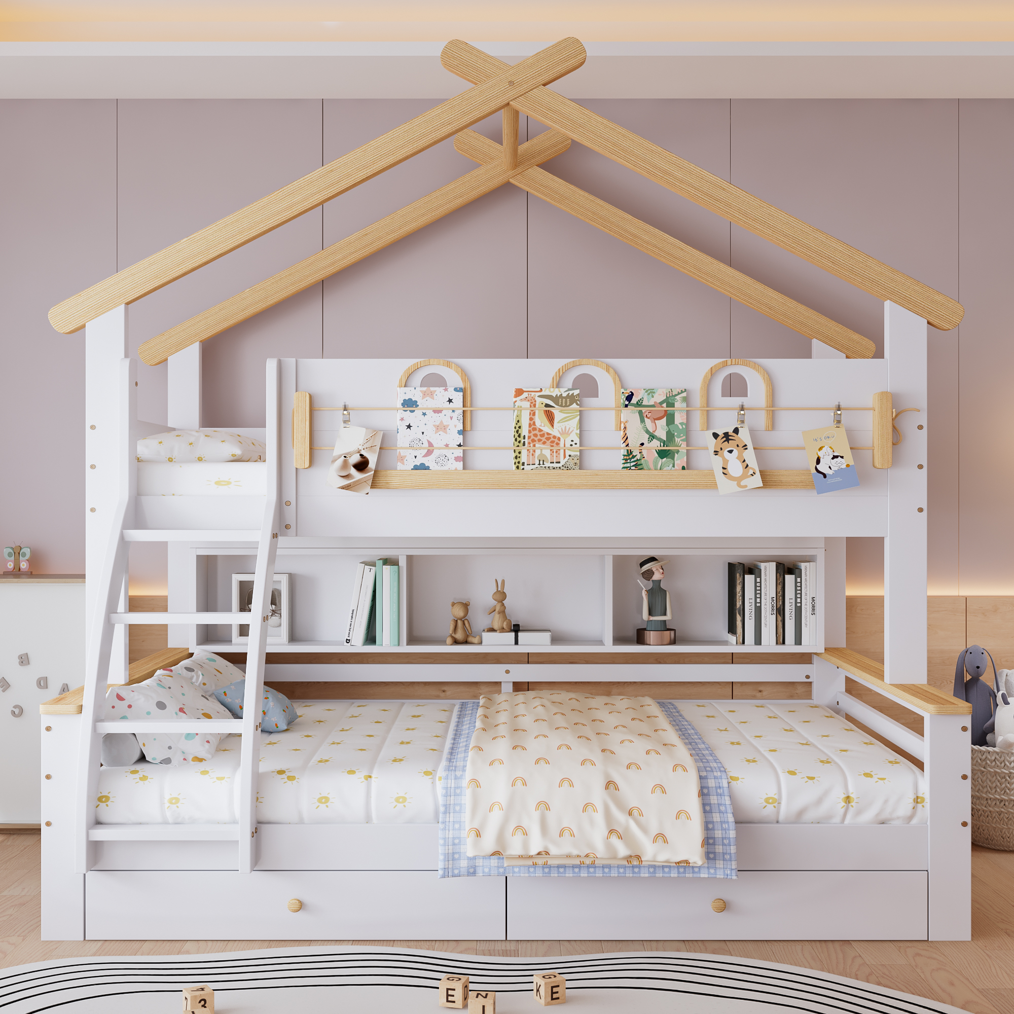 Bunk Bed, Baby Bed, Two Drawers With Wheels, Exquisite Decorative Guardrail And Roof Design, Four-Story Sloping Staircase, Pine MDF, White Natural, 90x200cm&120x200cm