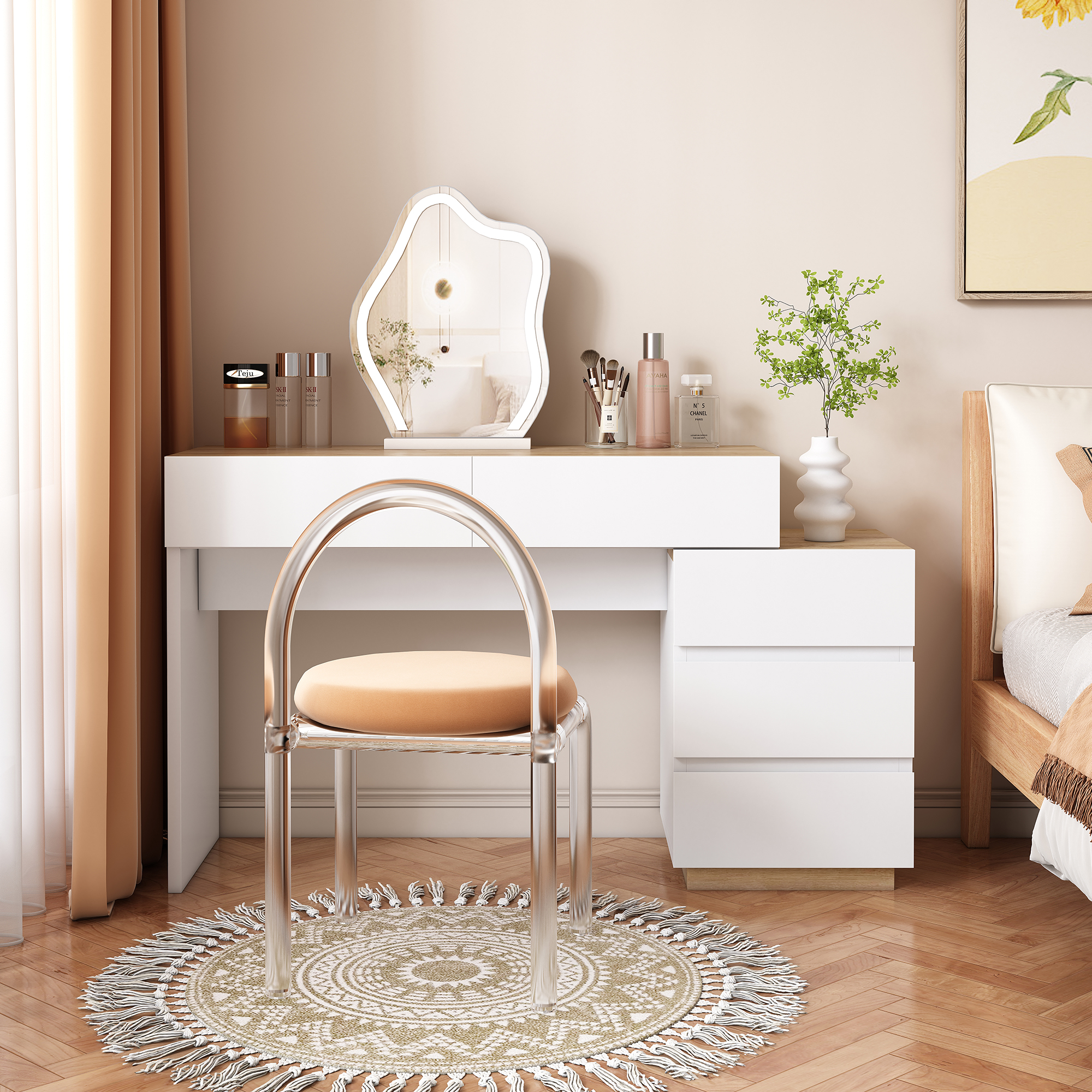 Desk With 5 Drawers,dressing Table, Function Of Storage, For Bedroom, E1 Chipboard, White Oak