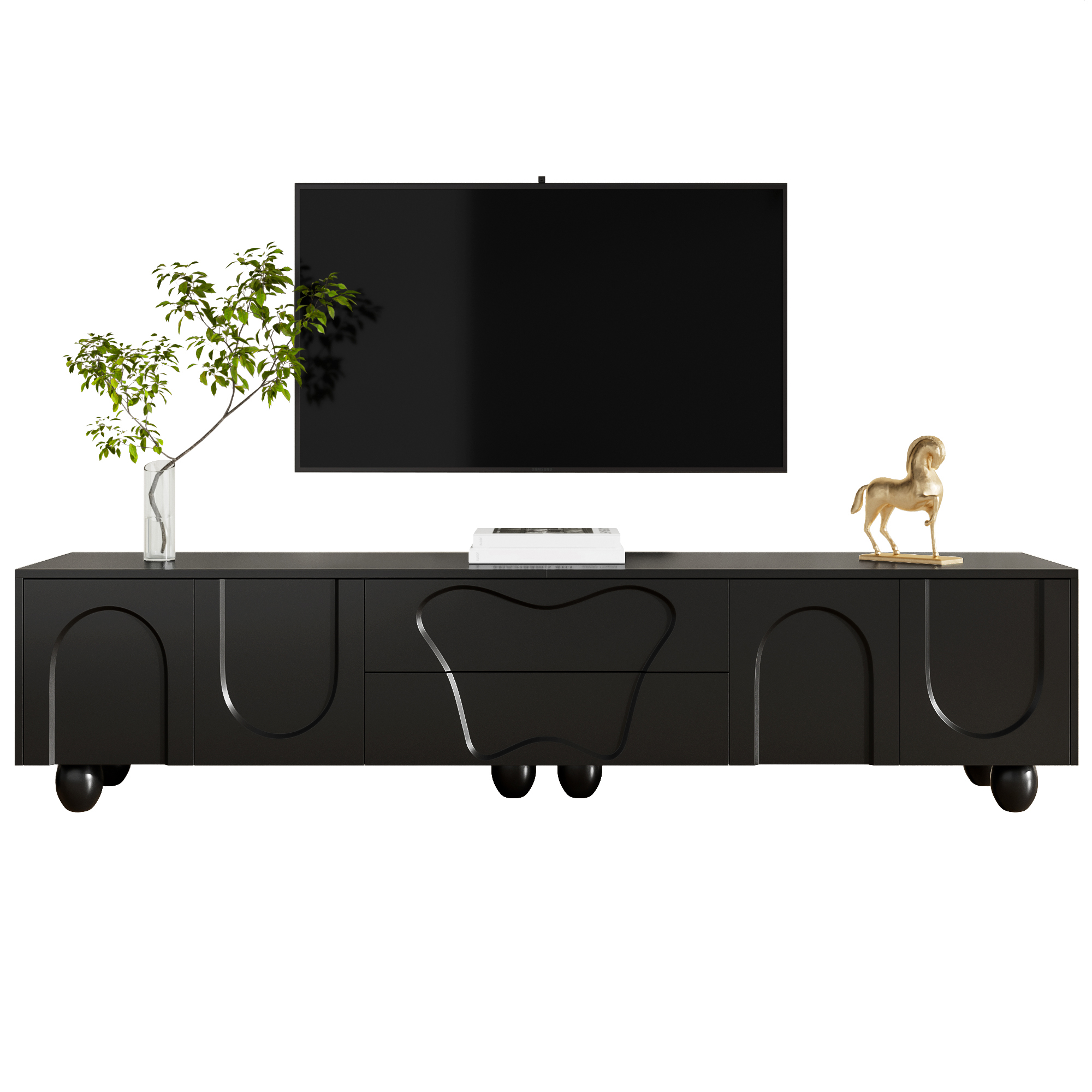 180 Cm Black TV Cabinet With Wooden Legs  A Minimalist And Elegant TV Cabinet With Plenty Of Storage Space, Unique Design And Flexible Storage Options For A Stylish Living Room