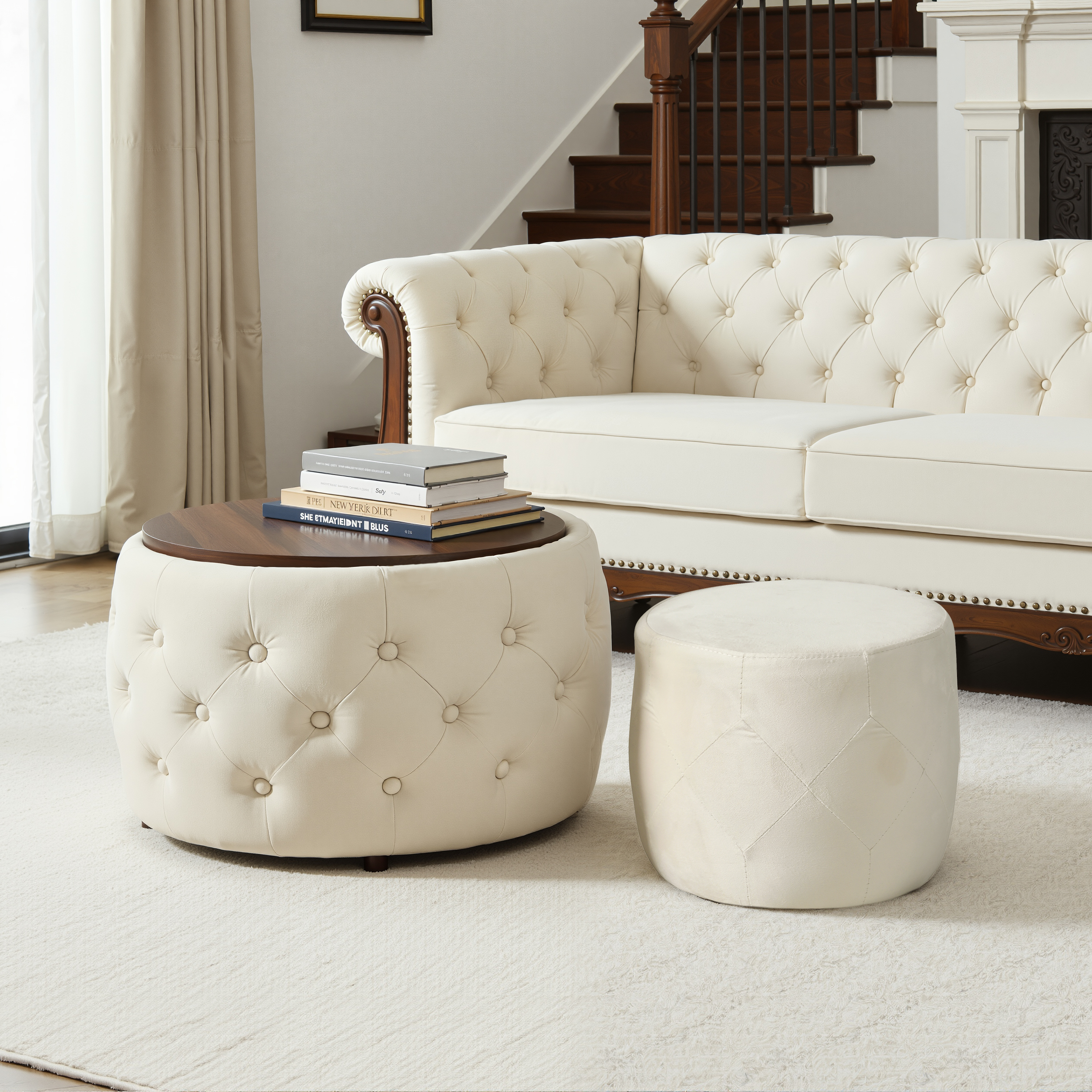 Luxury Set Of 2 Velvet Nesting Stool, 4-in-1 Function, Round Storage Footstool With Wooden Shelf, No Setup Required, Beige  58cm X 58cm X 38cm