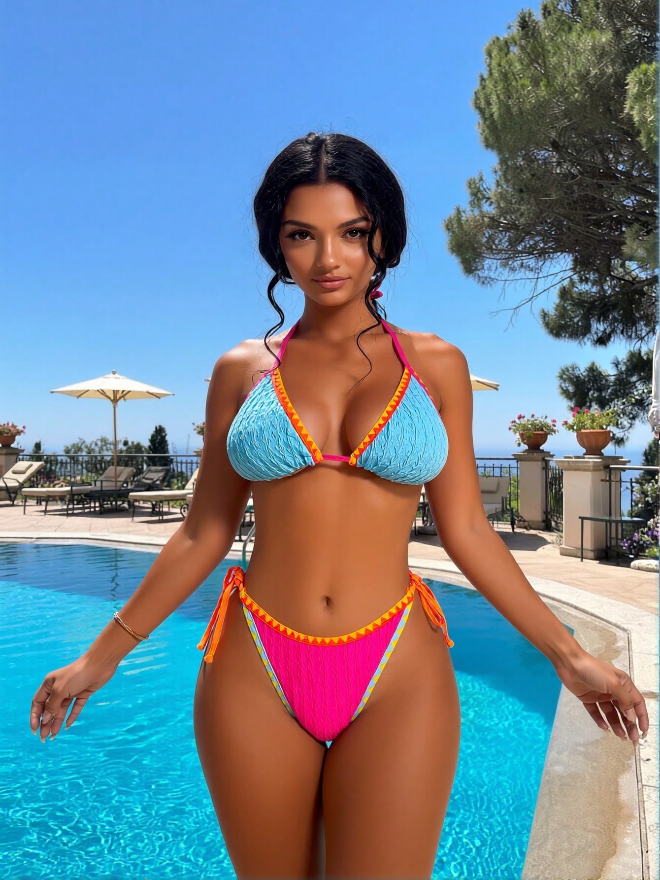 Color Block Textured Triangle Bikini Set With Geometric Trim Side Tie — foto 2