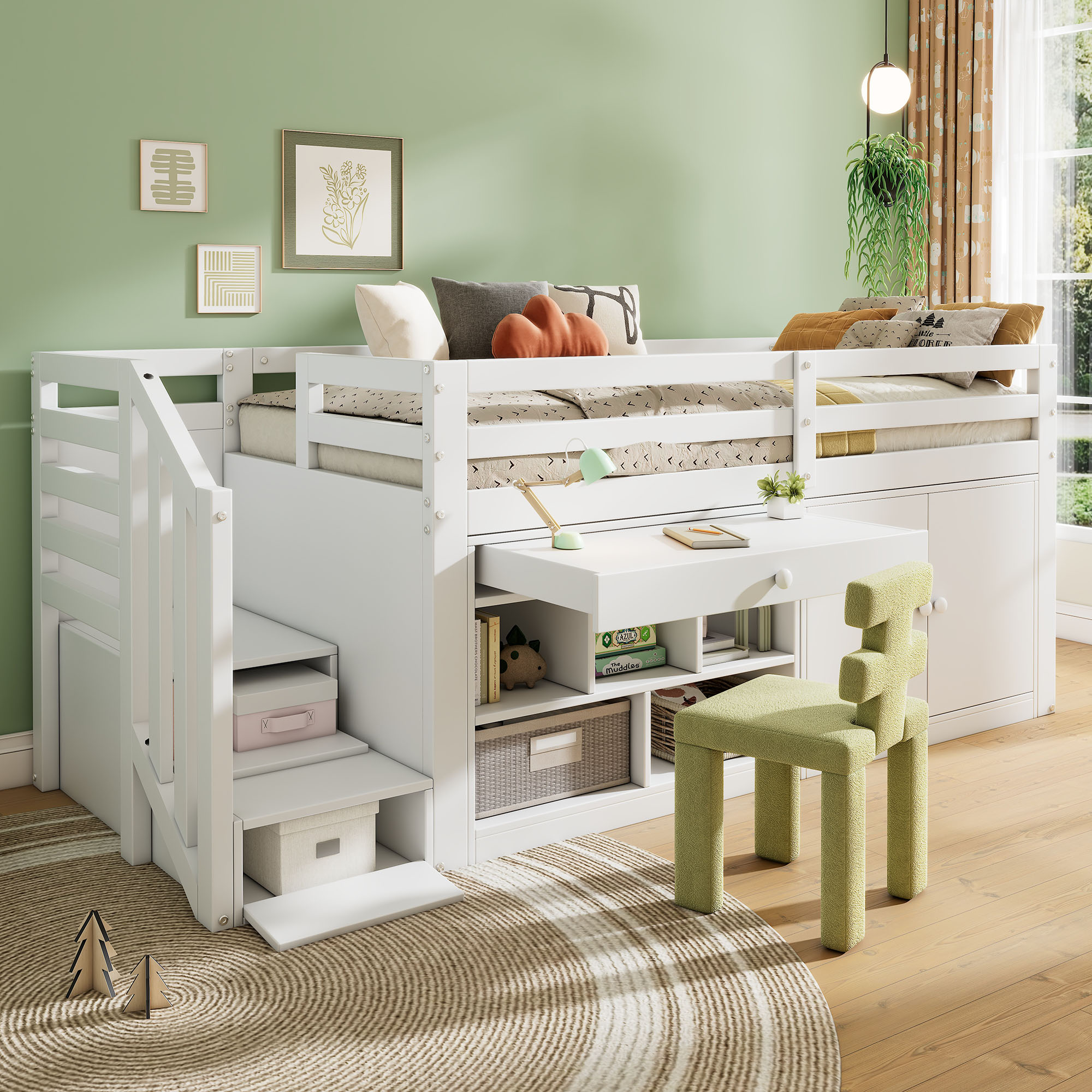 Multifunctional Wooden Cot, With Stairs And Storage Space, Stairs Cupboards Interchangeable Left And Right, Drawers Can Be Turned Around And Used As A Desk, 90x200, White OLD SKU N634P182446780W