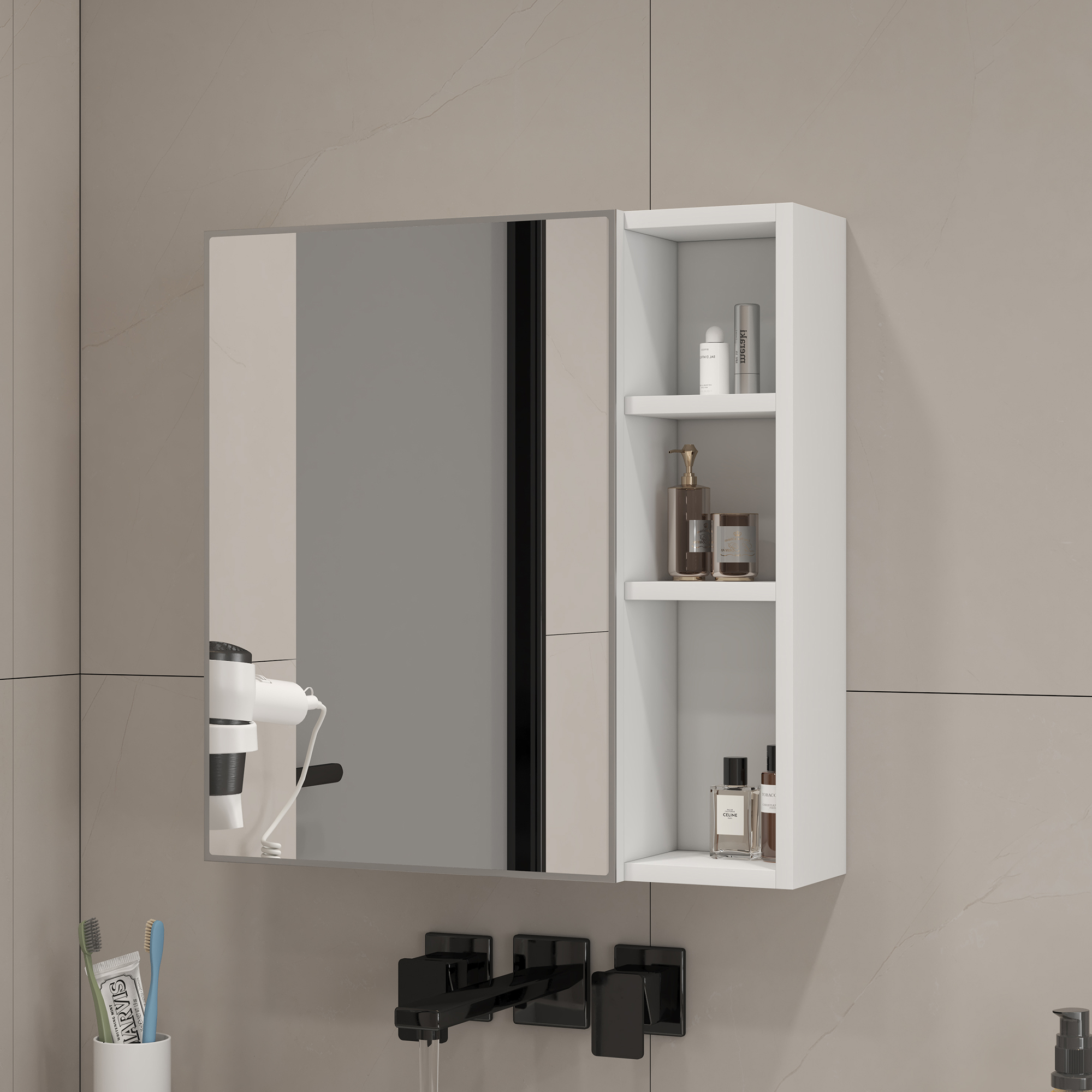 Simple Wall Mirror Cabinet 55 X56cm Wall Mounted, White HDF Board  Safety Mirror Glass Door, Divided Storage  Thickened HD Mirror, Great For Bathroom 