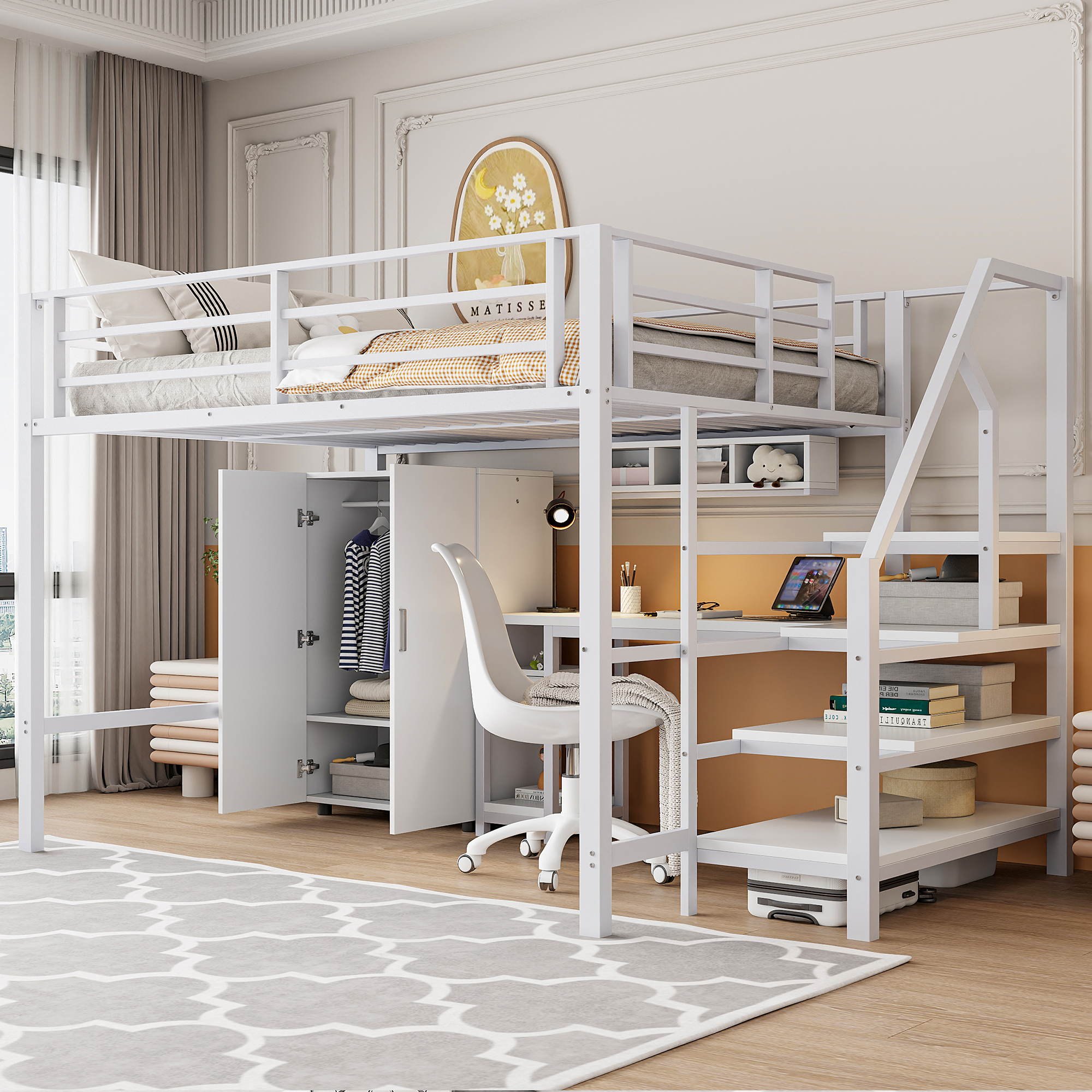 Loft Bed, 140x200cm, Wardrobe, Shelves, Storage Ladder, Desk, Without Mattress, White