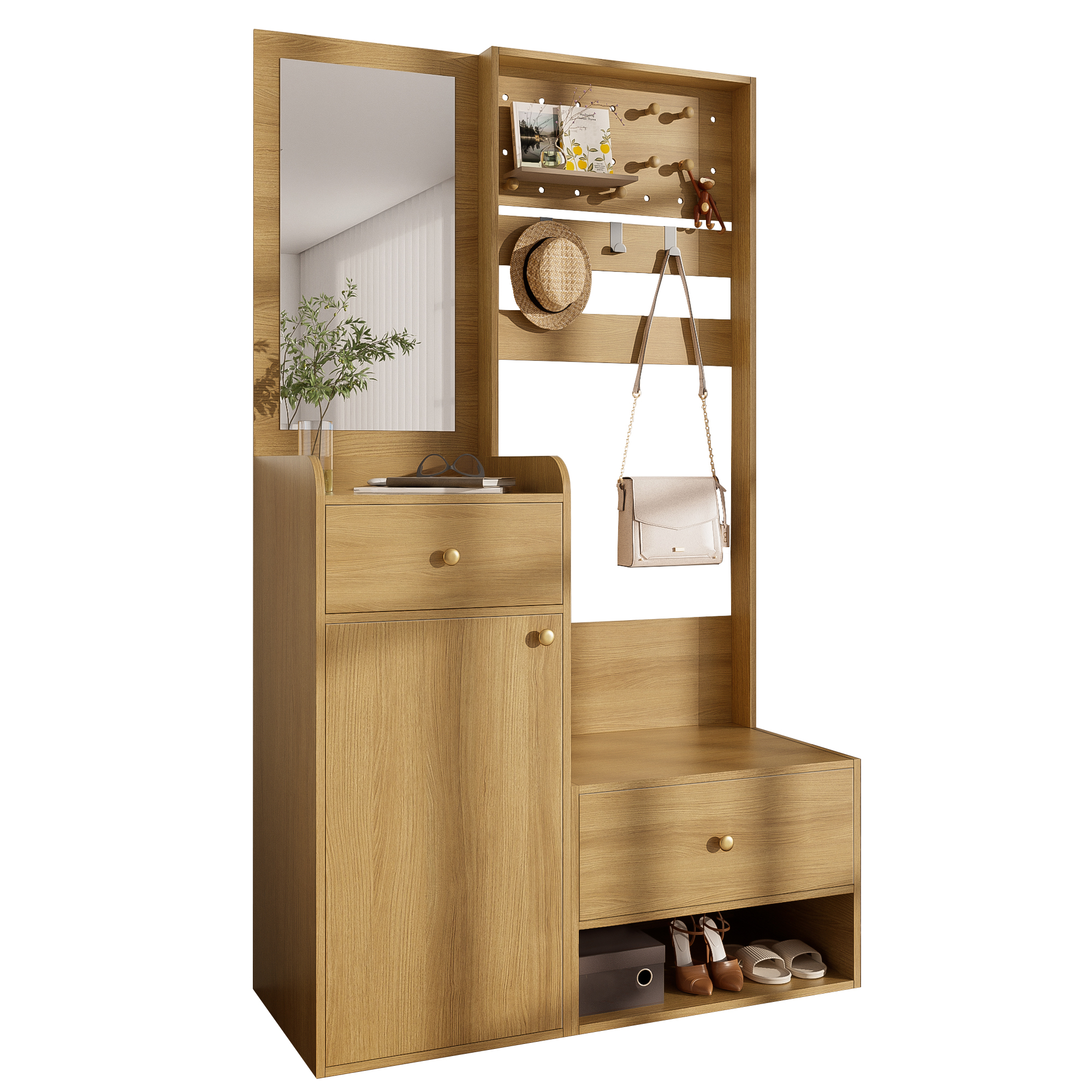 Compact Wardrobe, Modern Multifunctional Entrance Shelf  Elegant Wood-coloured Storage With Mirror, Adjustable Hooks And Spacious Shelves For Shoes, Coats And Small Items, 105 Cm