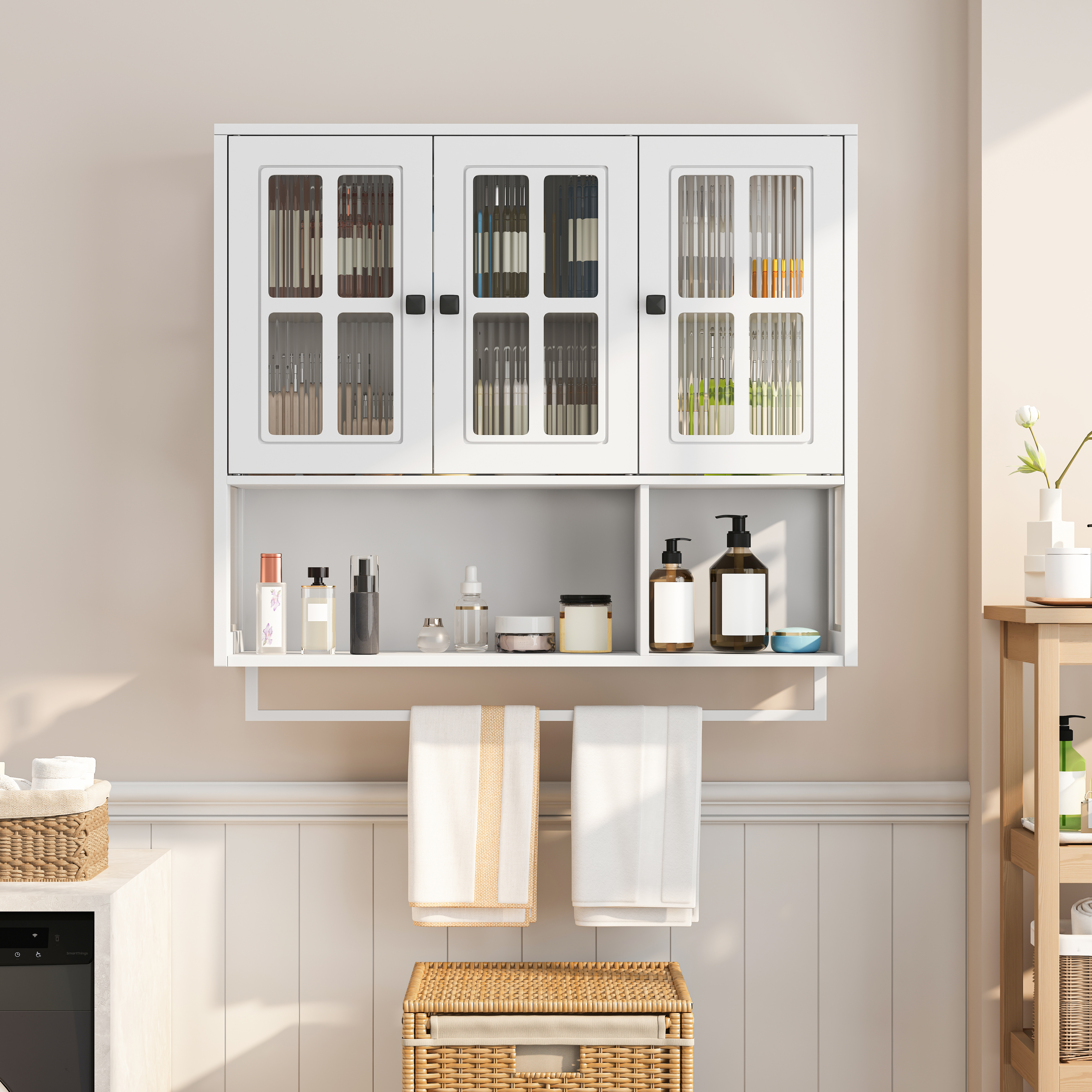 Bathroom Wall Cabinet, 3-Door Wooden Wall Cabinet With Open And Hidden Storage Space, Medicine Cabinet With Glass Door And Towel Bar For Entryway Living Room Bathroom Dining Room,White