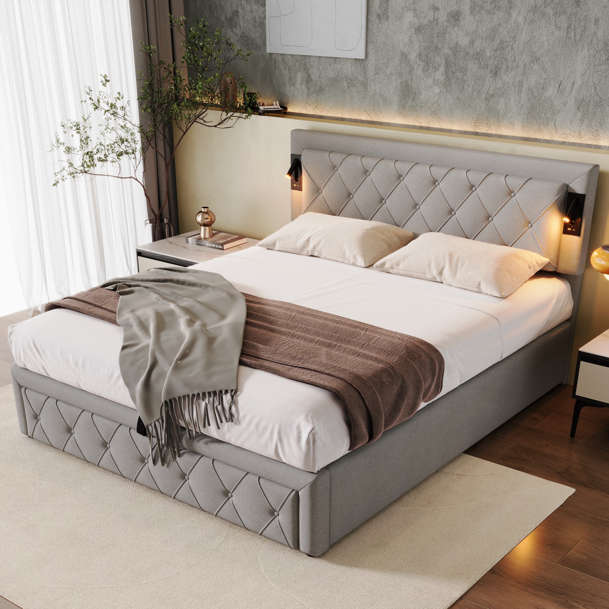 Upholstered Bed 160X200, With Downlight & USB Interface, With Slatted Frame And Diamond Stripe Headboard, Storage Bed, Hydraulic Upholstered Bed, Double Bed, Wooden Slatted Frame, Linen, Grey