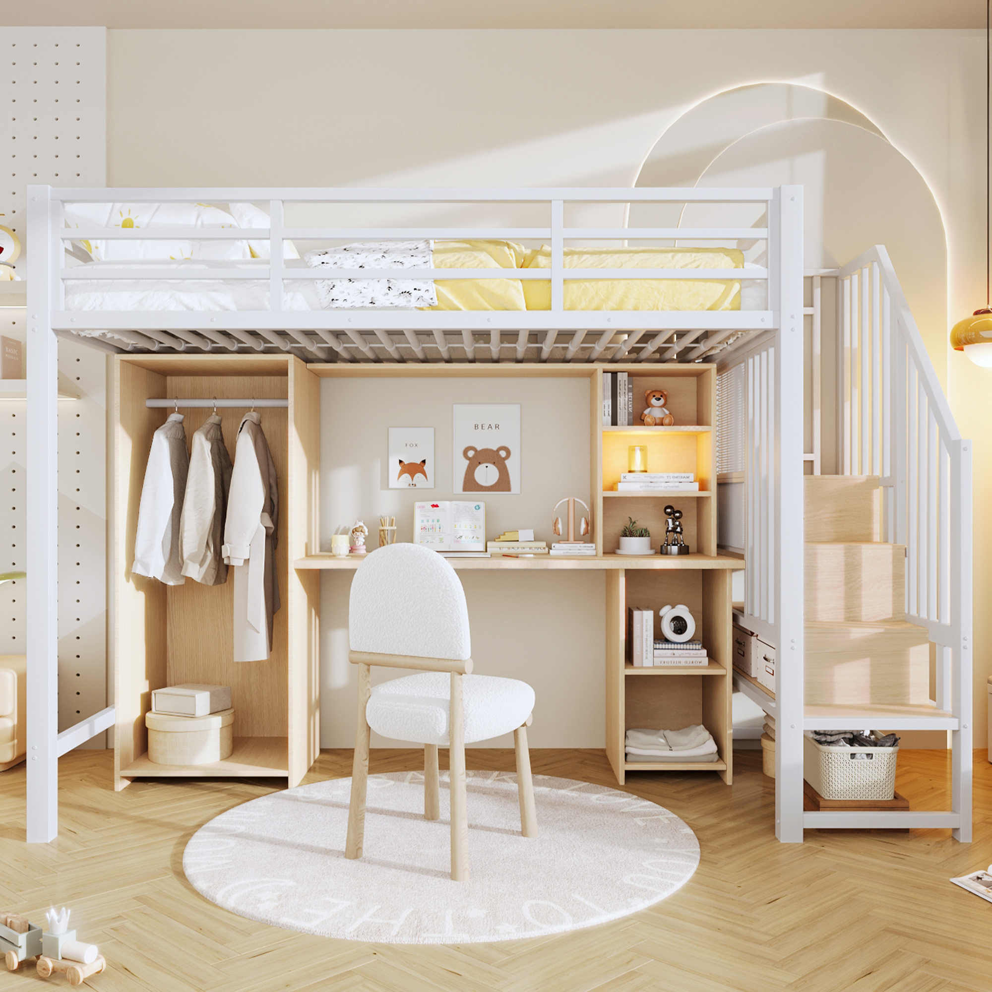 Loft Bed, 90 X 200 Cm, Iron Frame, With Storage Space, Wardrobe, Desk, Staircase Constructions With Storage Space, Without Mattress, White
