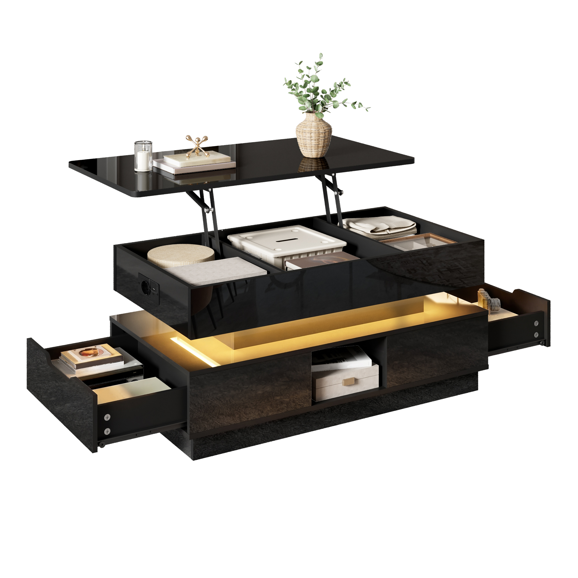 Coffee Table High Gloss Height Adjustable With Storage LED Lighting Socket Lift-Top Living Room Table Drawer Storage