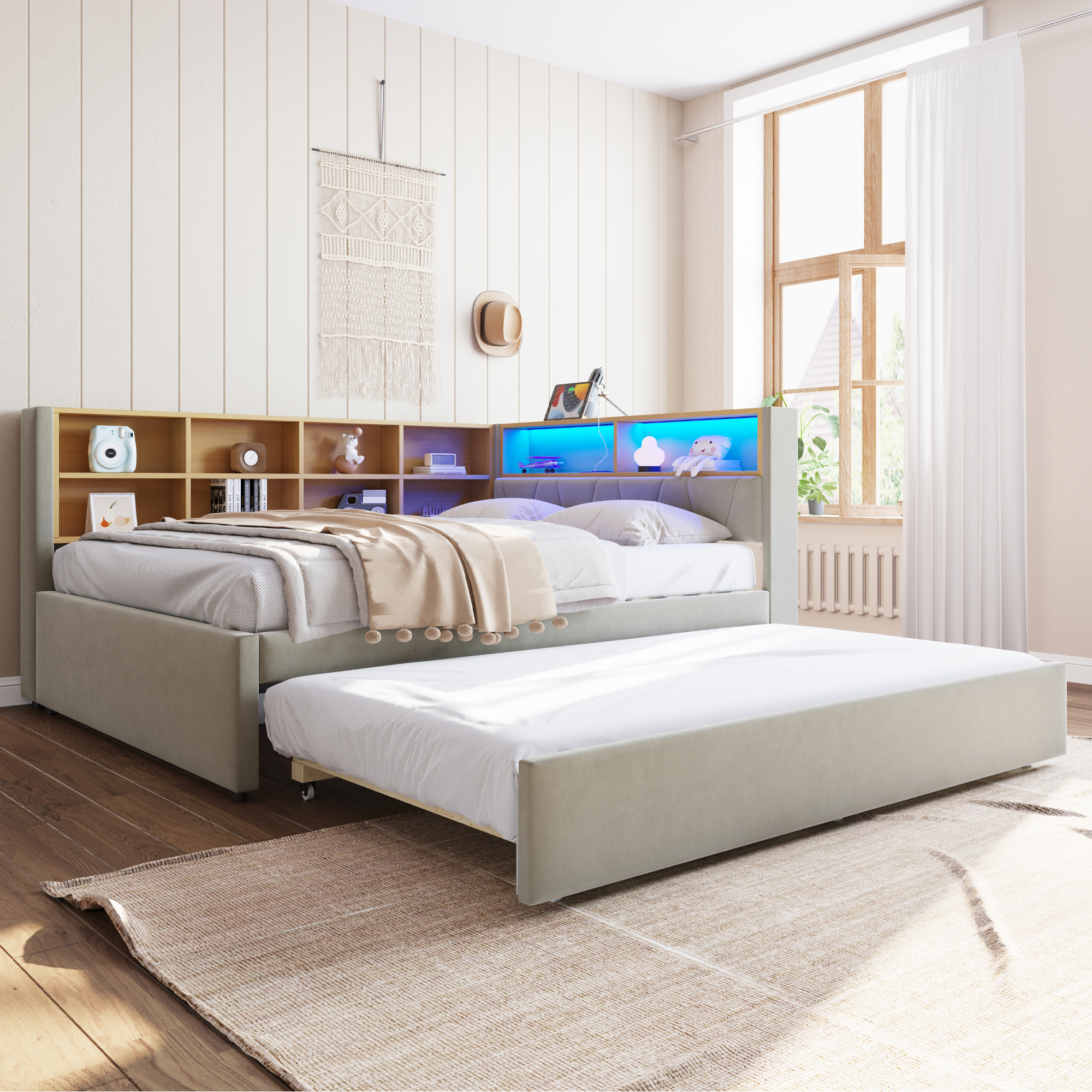Sofa Bed 140x200, Pull-out Bed 90x190, Equipped With LED Lights, Sockets And Many Storage Compartments, Upholstered Bed, Multifunctional Sofa Bed, Single Bed, Flannel, Light Grey.