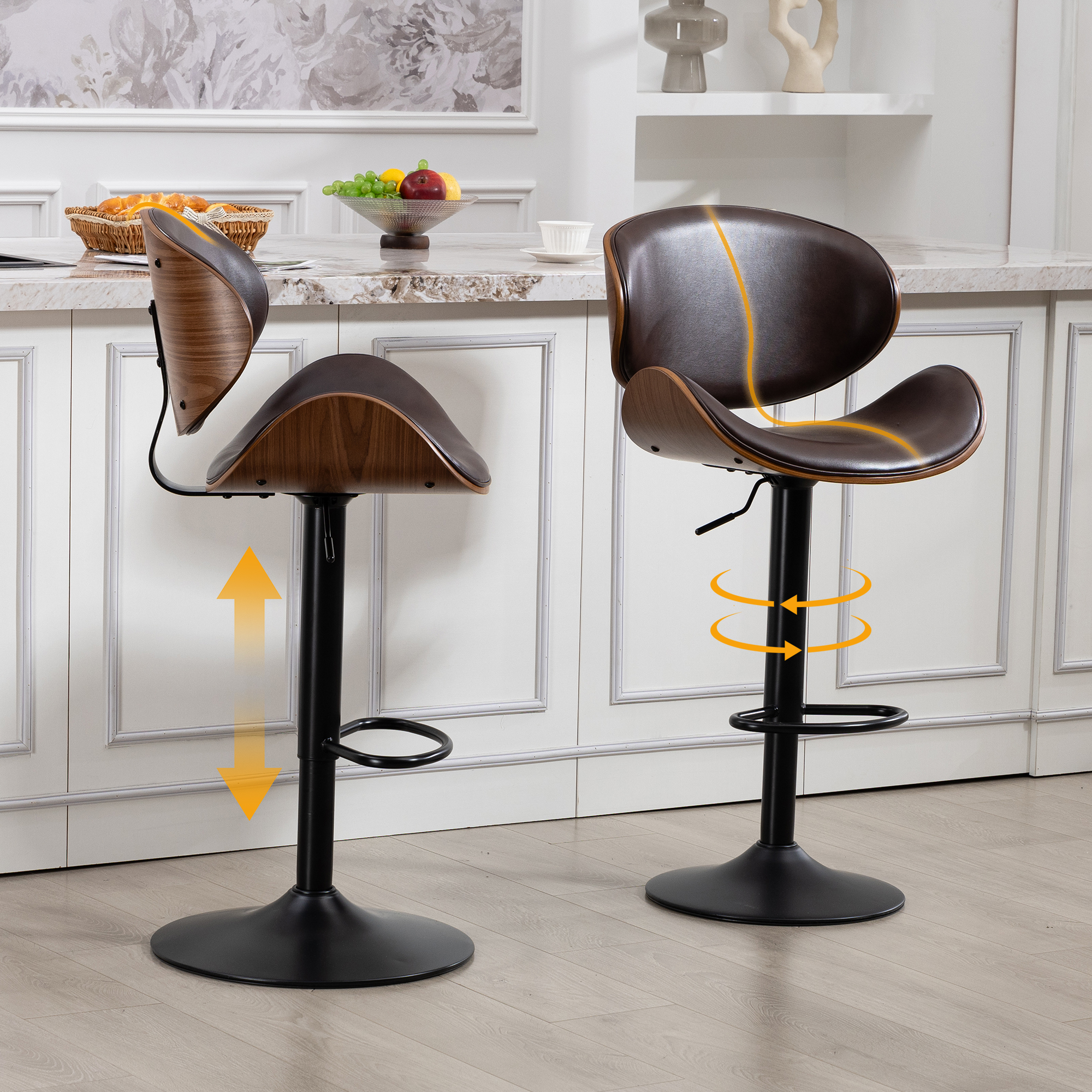 Swivel Bar Stools, Set Of 2, Height Adjustable Bar Stools In Curved Wood, Bar Chair With PU Leather Cover, Ergonomic Backrest And Footrest, For Bar, K