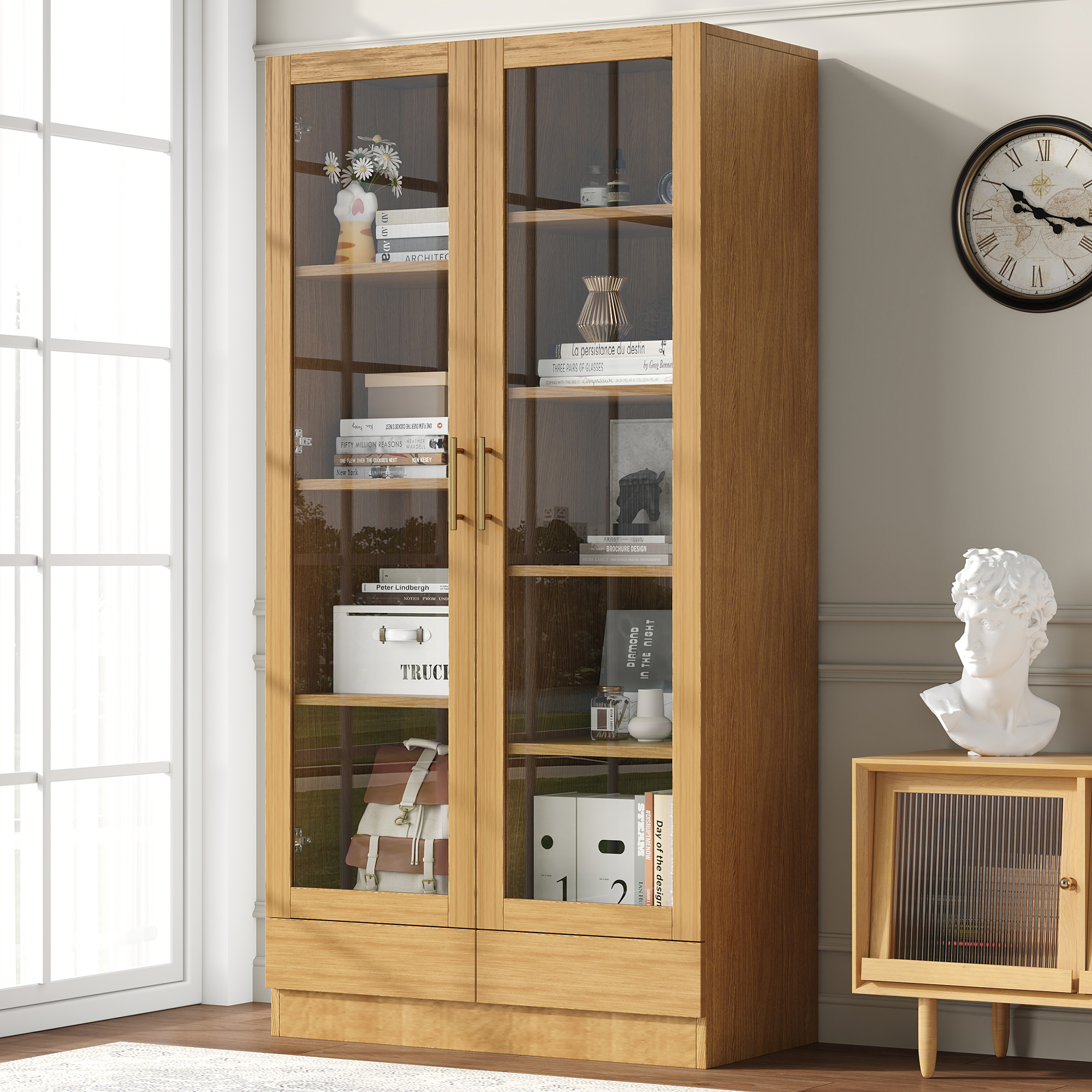Glass Display Case  Office Cabinet Bookcase Filing Cabinet Storage Shelf  Offset Non-Adjustable Shelves, Handleless Push-To-Open Drawers, 80x40x160cm, Wood Color