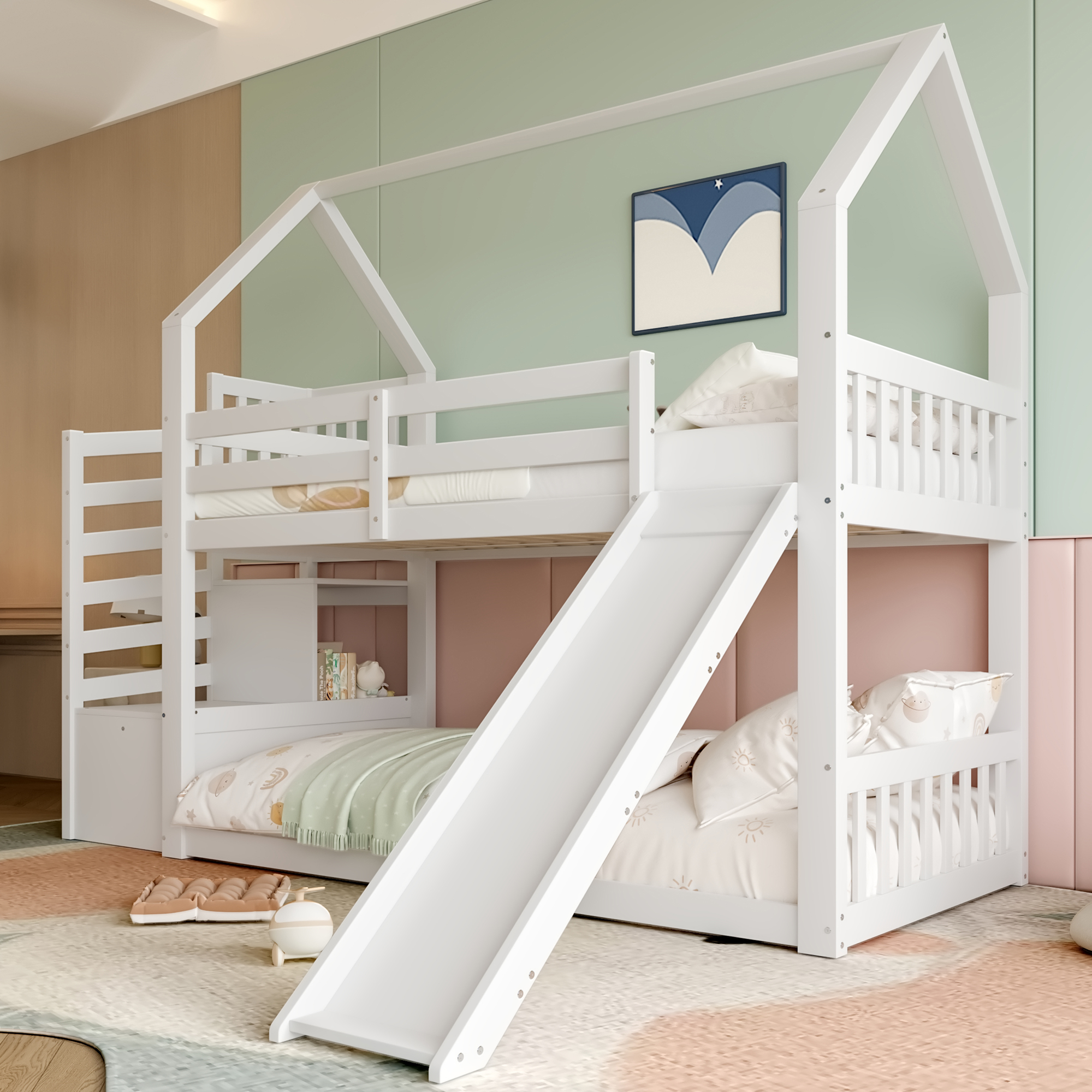 WX000402AAA-3 Bunk Bed With Storage Stairs And Slide, House Bed Without Mattress , Cot With Railing, Suitable For Children, Teenagers, 90x200cm, White