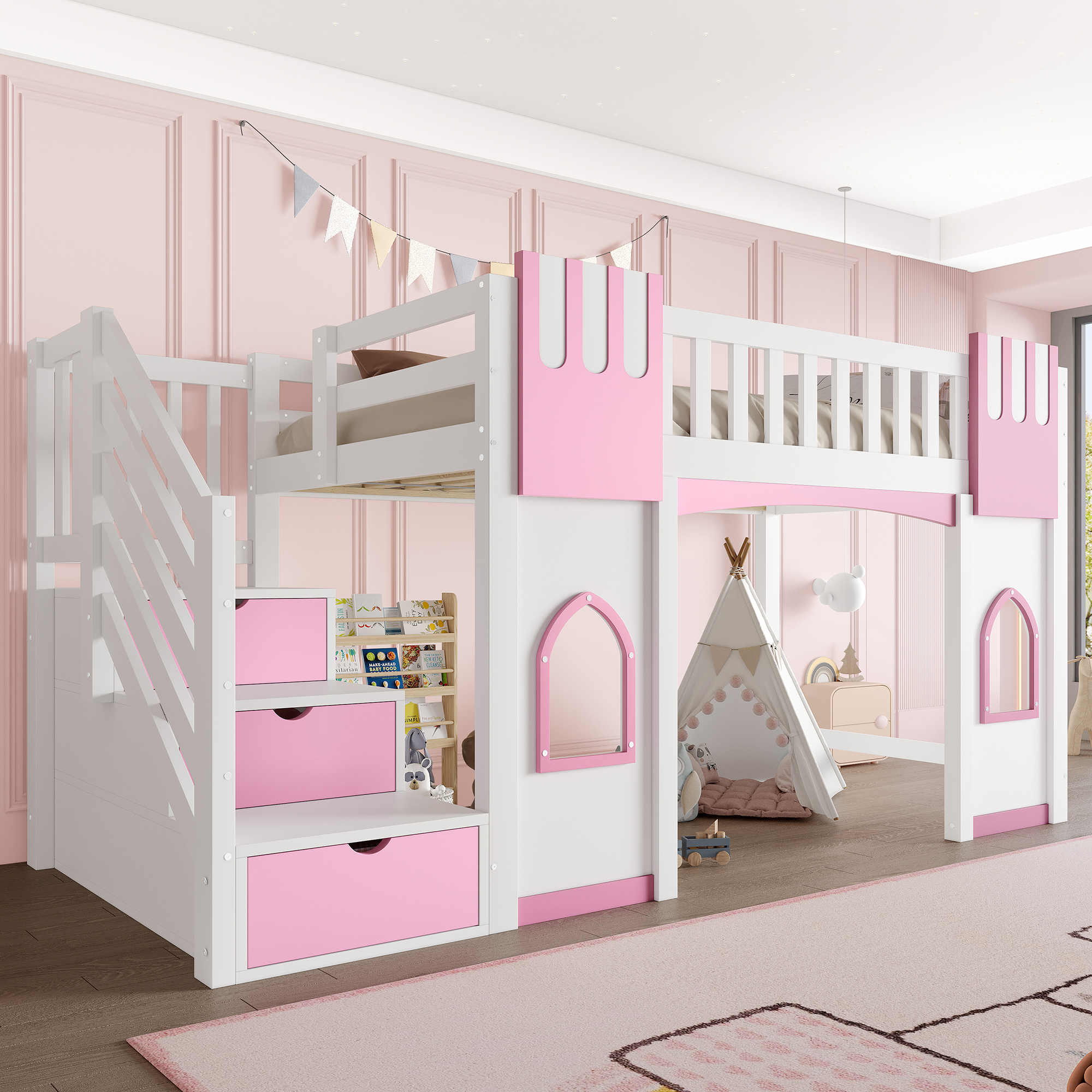90 X 200 Cm Loft Bed With Storage Stairs And Window, White Pink