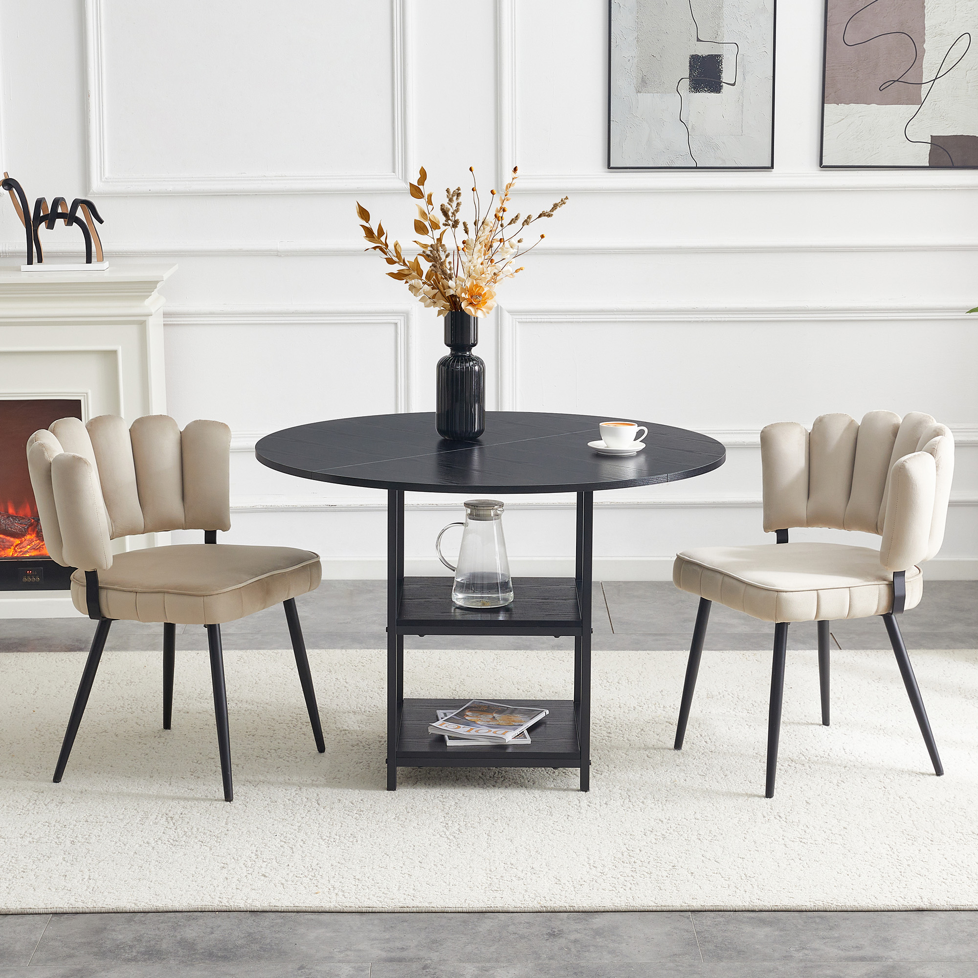 Table And Chair Set Round 107 Cm Dining Table With Double Storage Level  2 Light Brown Dining Chairs With Flower-shaped Fabric Backrest  Industrial Style Set For Small Apartments.