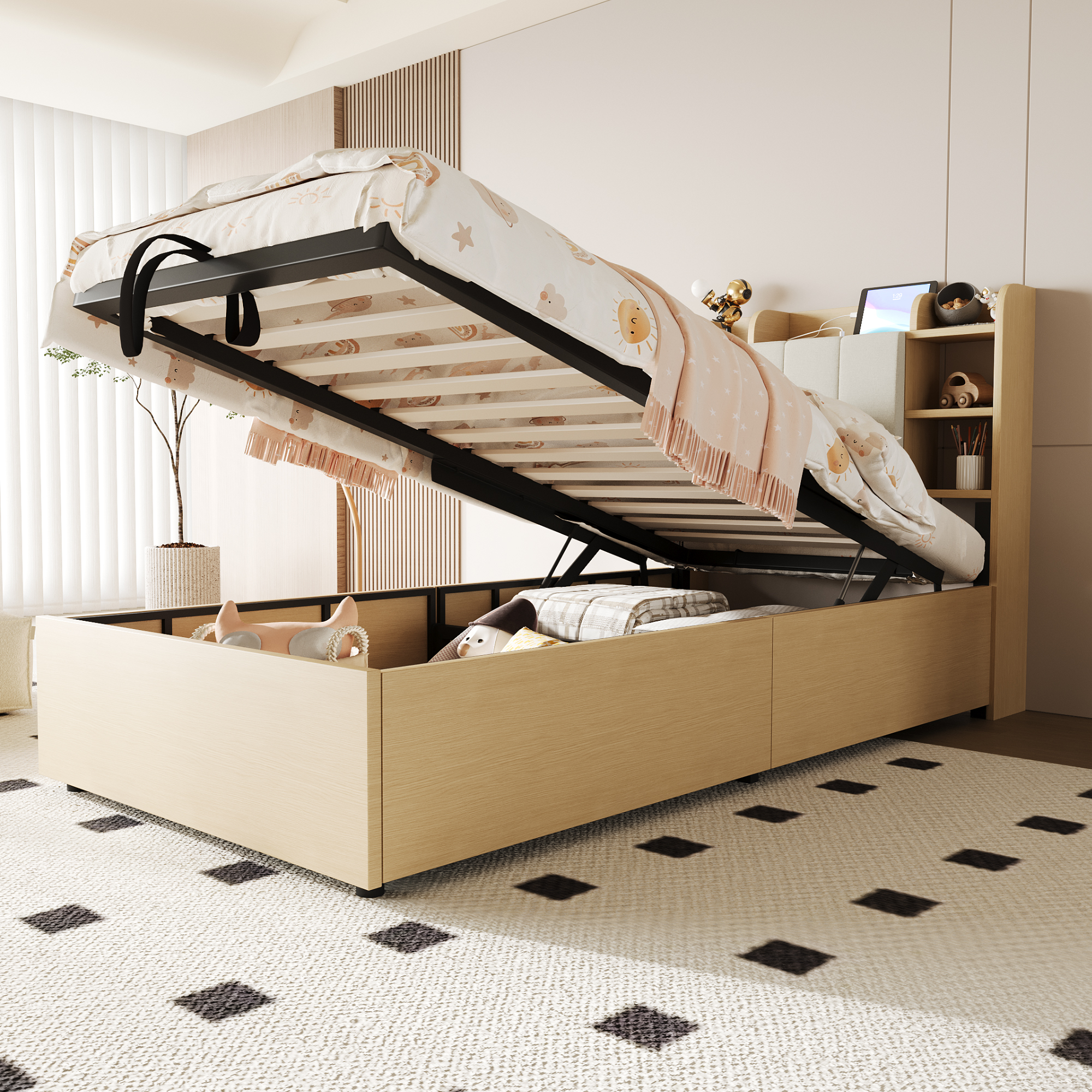 Wooden Bed 90 X 200 Cm, Hydraulic Bed, Headboard With Storage Space, Equipped With USB And Tape-C Socket, Single Bed, Youth Bed, Wood Colour  Without Mattress