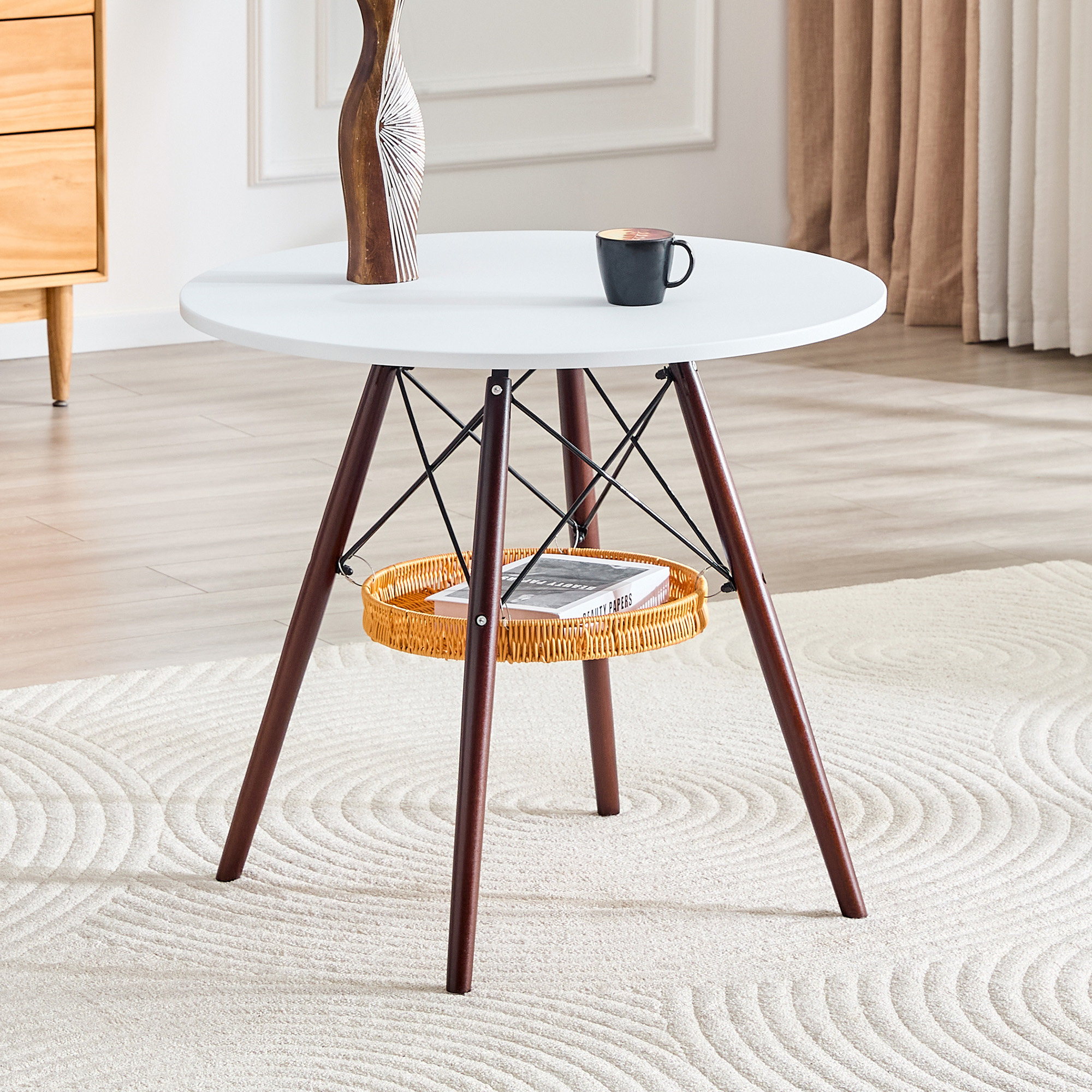 Round Dining Table  80 Cm, Table Top Made Of White MDF, Table Legs Made Of Walnut Solid Wood, Combined With A Floating, Woven Storage Basket Construction, Suitable For 2 To 4 People.
