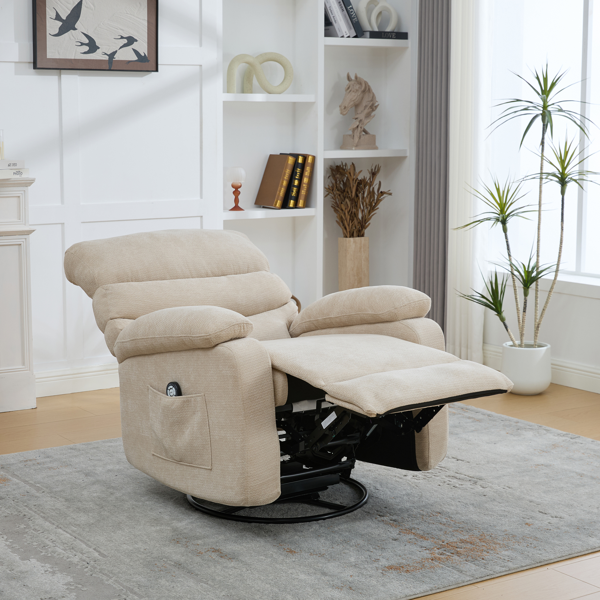 Electric 360 Swivel Recliner With Massage And Heat Function, Manually Adjustable Backrest And Footrest, And Side Storage Pockets. Light Khaki