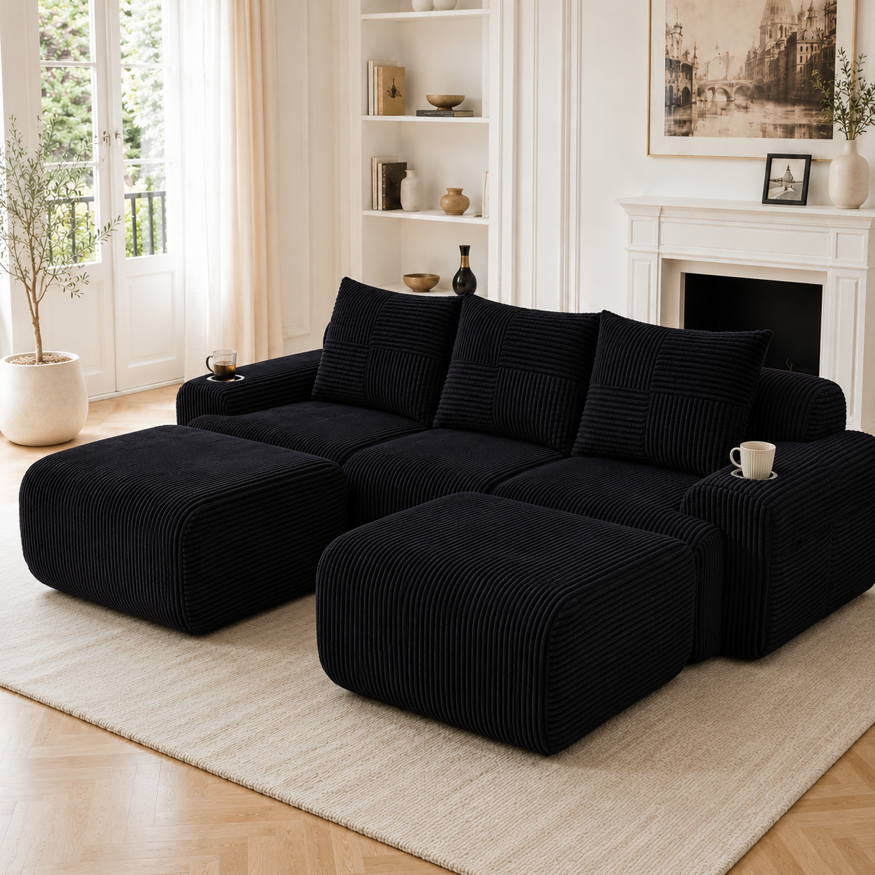 Modular Corduroy Sofa For 3 People  With 2 Stools , Freely Combinable, Including Cup Holder And Side Storage Bag, Ideal For Living Room, Family Room And Other Rooms.