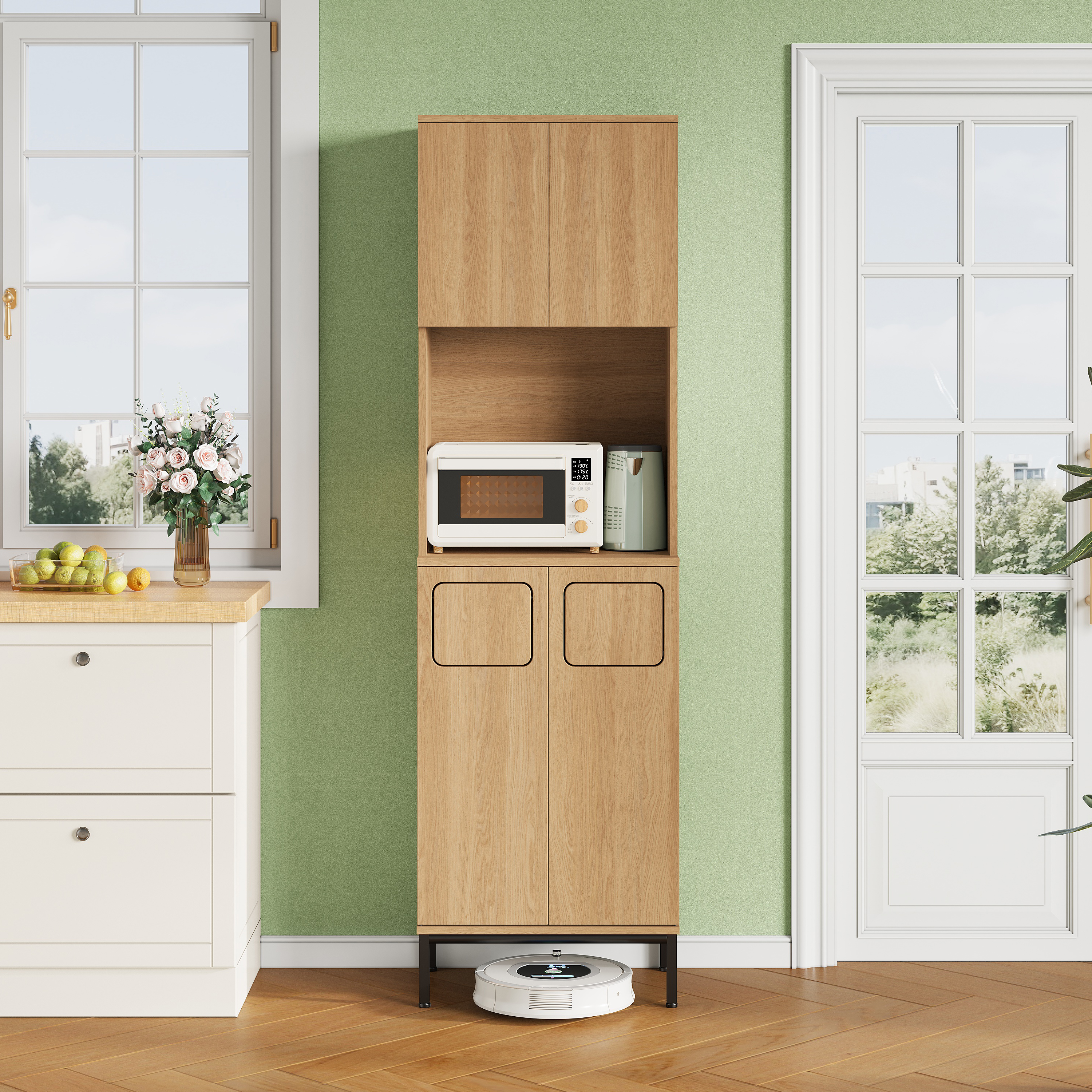Trash Cabinet, Kitchen Cabinet With Rubbish Shelf, 181cm Tall Cabinet In Oak Look & Black, Microwave Compartment, Storage Space For Vacuum Cleaner, 53x35x181cm