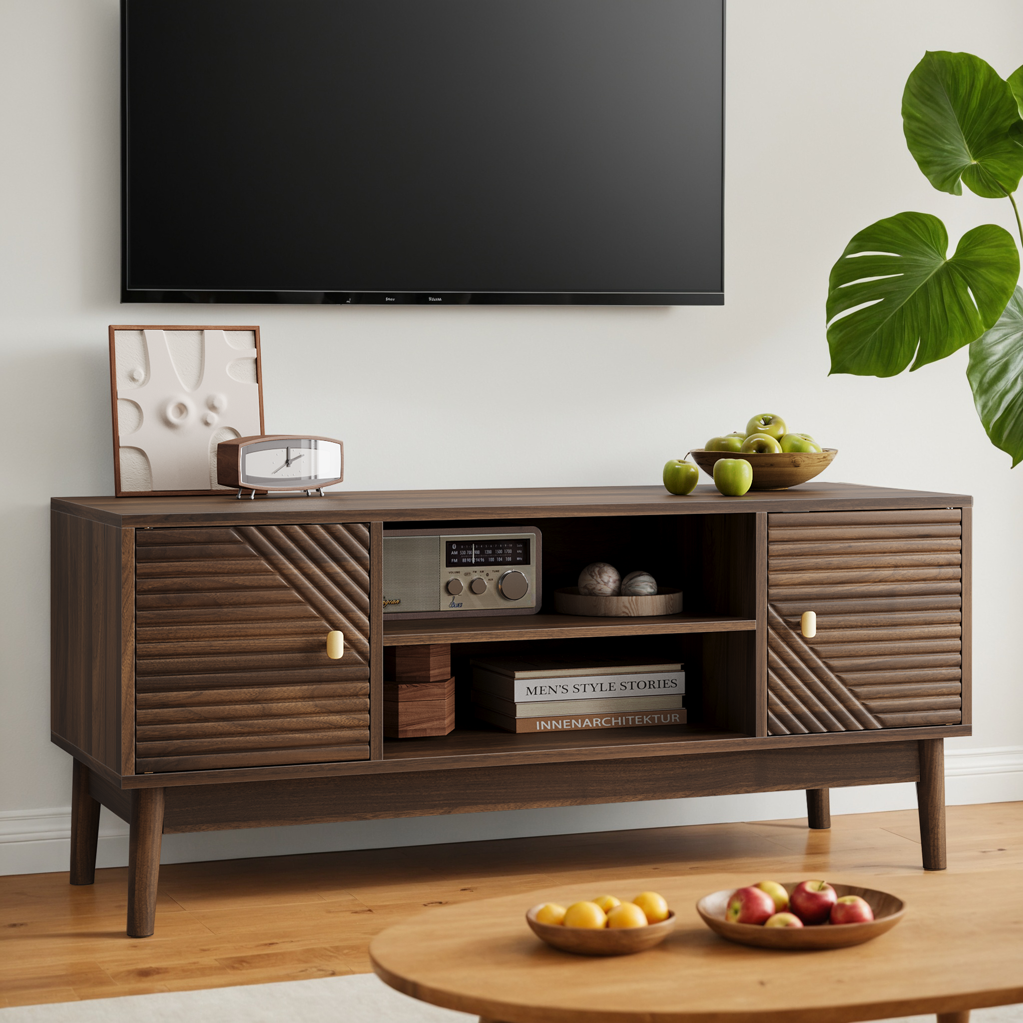110cm TV Stand, Mid-Century Modern TV Stand For 32 45 Inch TV, Entertainment Center With Storage, Media Console Table For Living Room And Bedroom, Walnut
