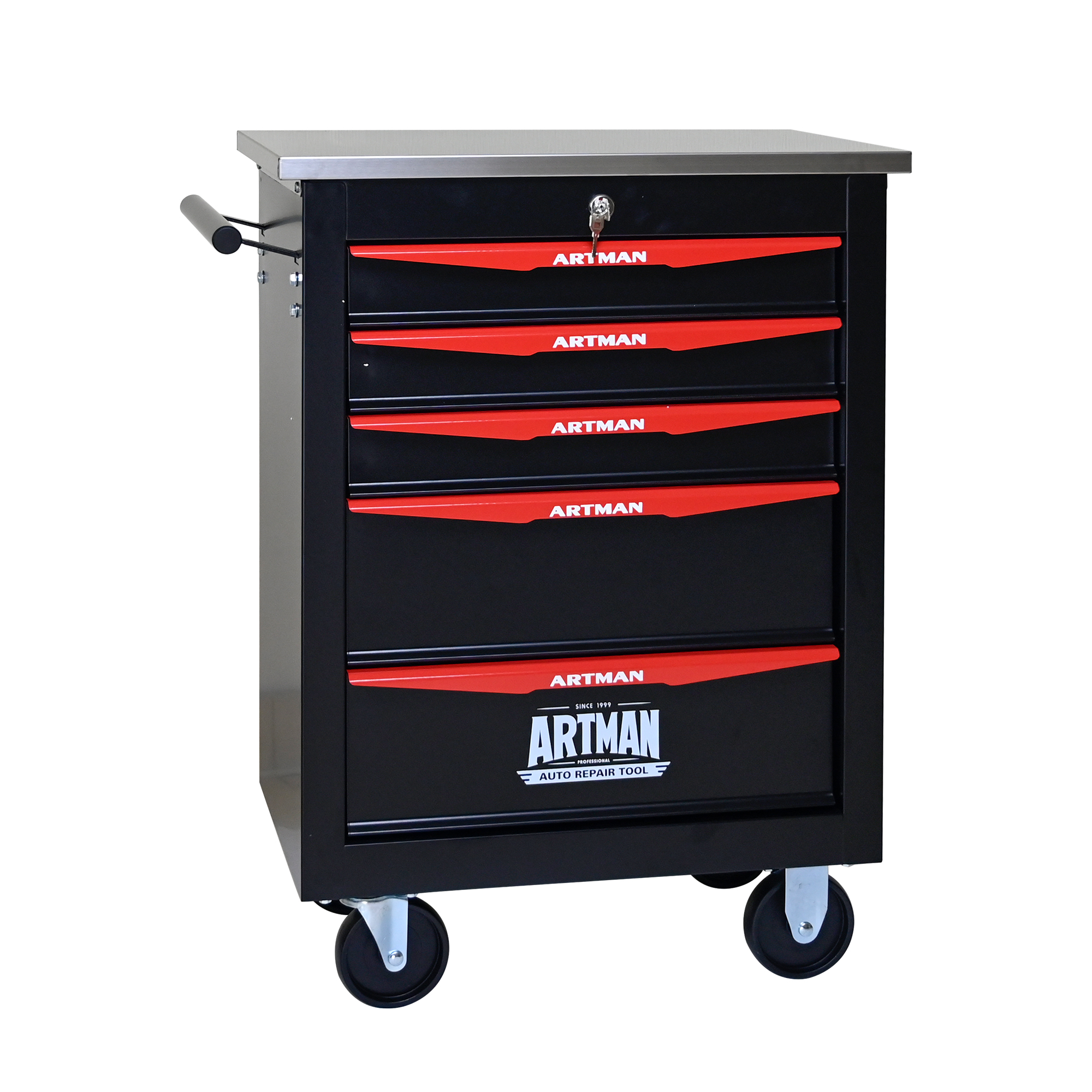5 Drawers Multifunctional Tool Trolley With Wheels, Metal Rolling Tool Trolley Storage For Garage Workshop Warehouse Repair Shop-with Stainless Steel Roof-Black & Red