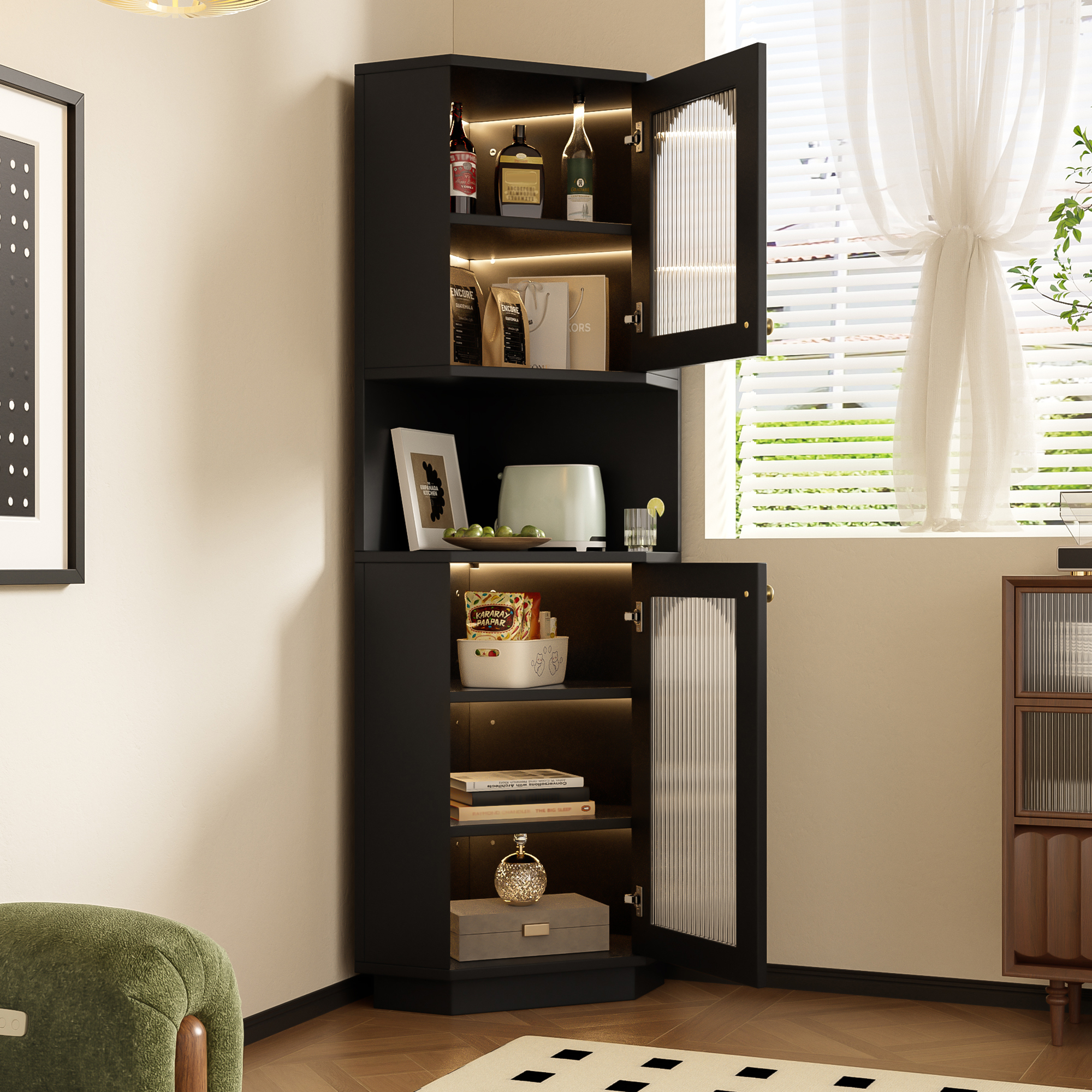 Old Sku WF314590AAB,bathroom Cabinet With Light Strip, Bathroom Furniture, Corner Cabinet With Two Storage Compartments, Open Compartment With Adjustable Shelves, 45x 45 X 166.5 Cm, Black