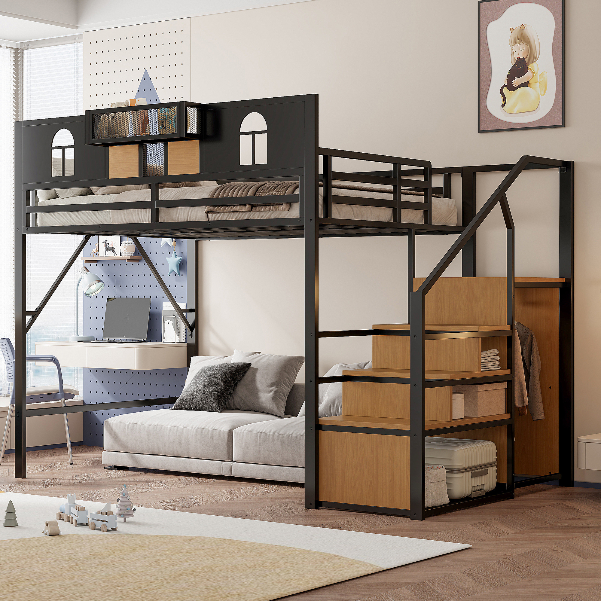 Metal Loft Bed 140 X 200 Cm, With Storage Ladder, Windows, Wooden Panels And Mesh, Unique Raised Fencing, Bedside Storage, Sturdy Metal Frame, Black