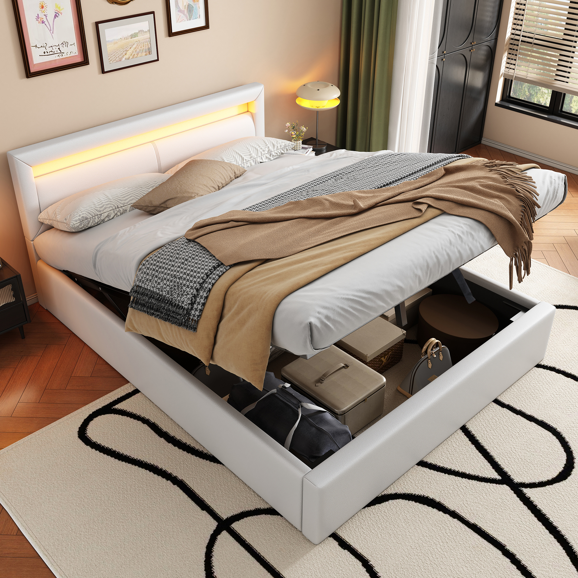 Upholstered Bed, LED Bed, 140x190cm, With Slatted Base And Storage, With Headboard Illuminated In Different Colors, White, Headboard & Imitation Leather