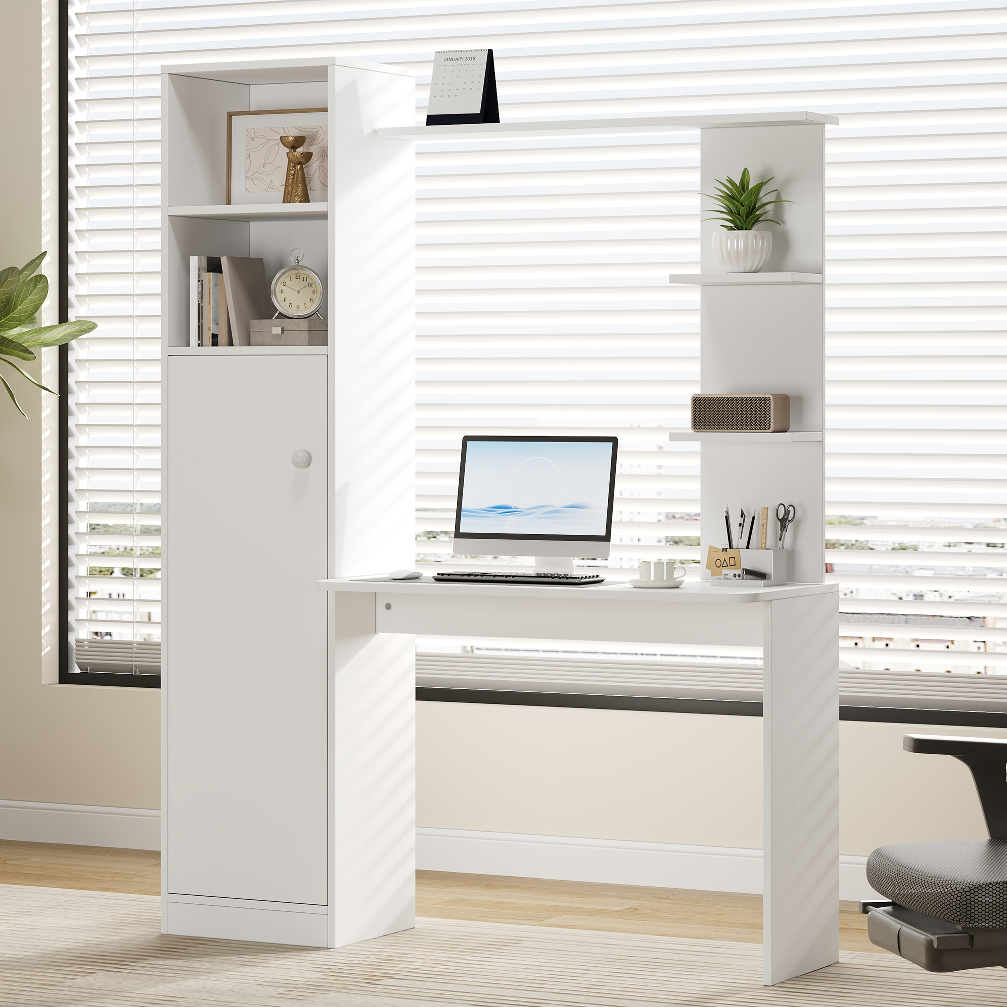 Office Desk, With Cabinet And Storage Shelf, Modern Office Design, 123,5 X 45 X 168,5 Cm, White
