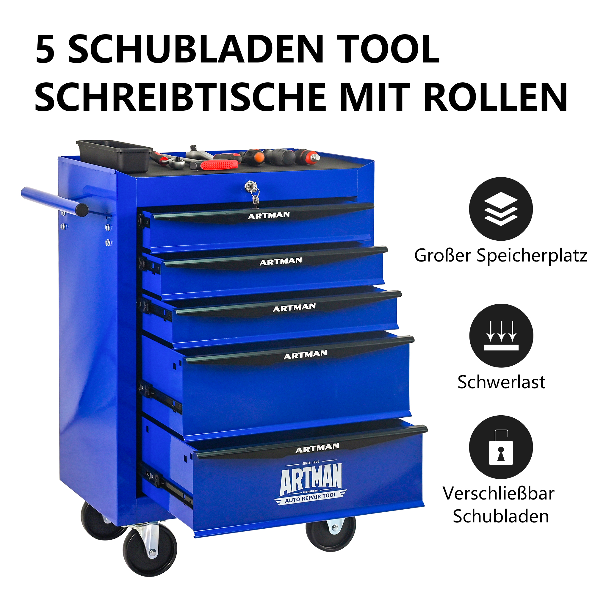 Rolling Metal Toolbox With 5 Drawers, 5 Shy Tool Cabinet With Ball Bearing Drawer Slides, Steel Tool Storage Box Organizer Black&BLUE 4