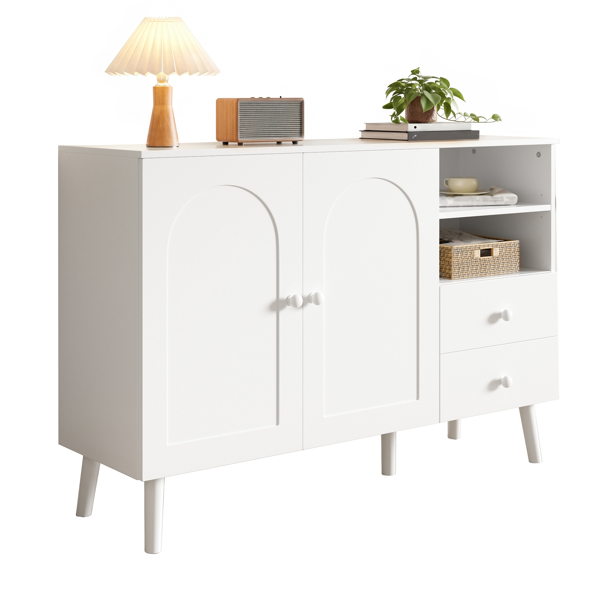 Sideboard, Arched Doors, Wooden Handles, Wooden Feet, With 2 Doors, 2 Drawers And 2 Open Compartment, Multiple Storage, For Living Room Dining Room Hallway