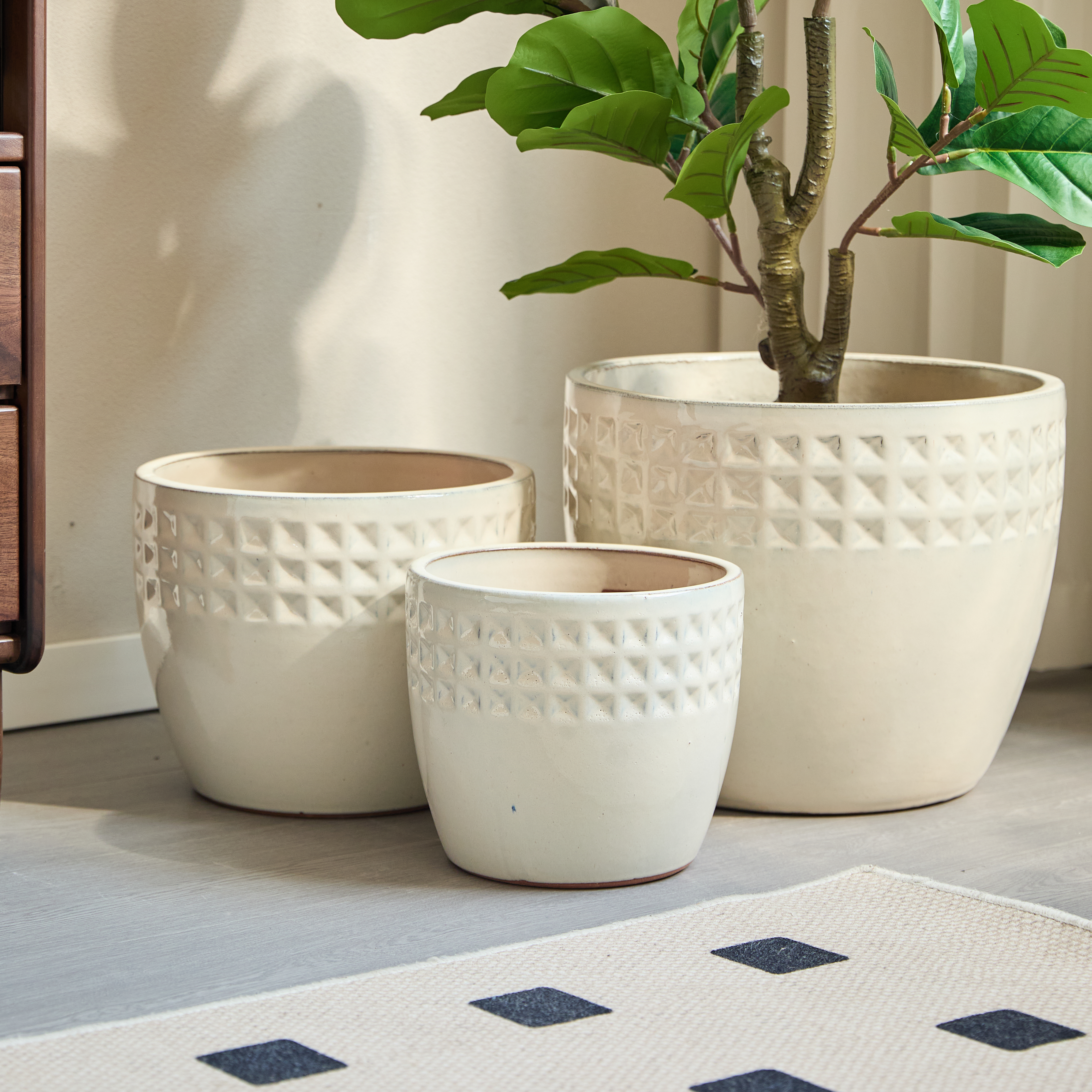 Set of 3 Ceramic Plant Pots Cream White 38/30.5/23cm Drainage Holes