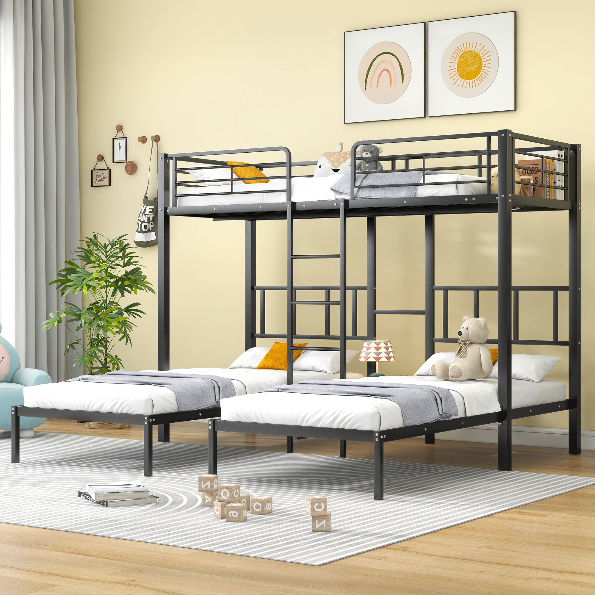 30544849SAA Triple Bed, Triple Bunk Bed With Ladder For Children And Teenagers, Iron Bed With Fall Guard And Table, Black 90x200cmx3