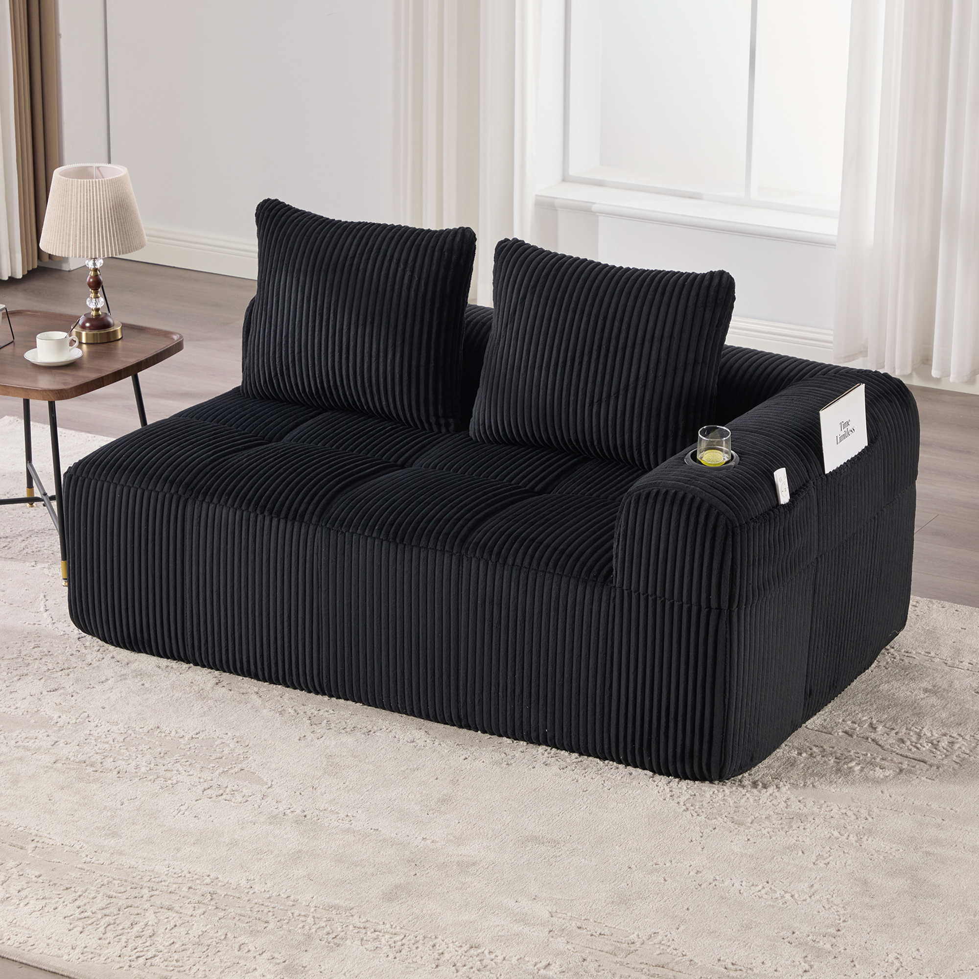 Cozy Corduroy Fabric Two-Seater Sofa  Without Assembly, Soft Back Cushions, Side Storage Pocket For Remote Control And Mobile Phone, Integrated Cup Holder  Neat And Aesthetic.