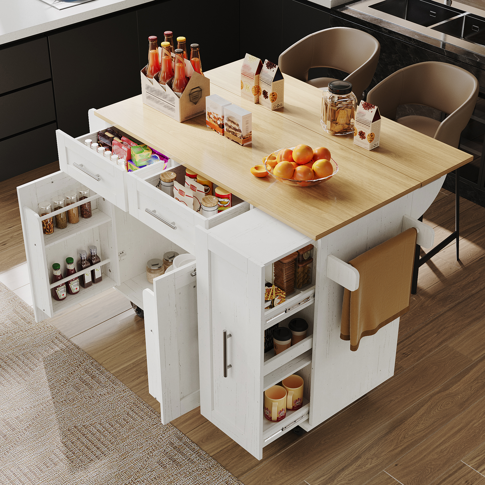 Modern Kitchen Island, Kitchen Cabinet, Buffet Cabinet, Dining Trolley With Wood Grain, Multifunctional Dining Table With Storage Space, Dining Trolley With Snack Shelves And Stretch Function Cabinets