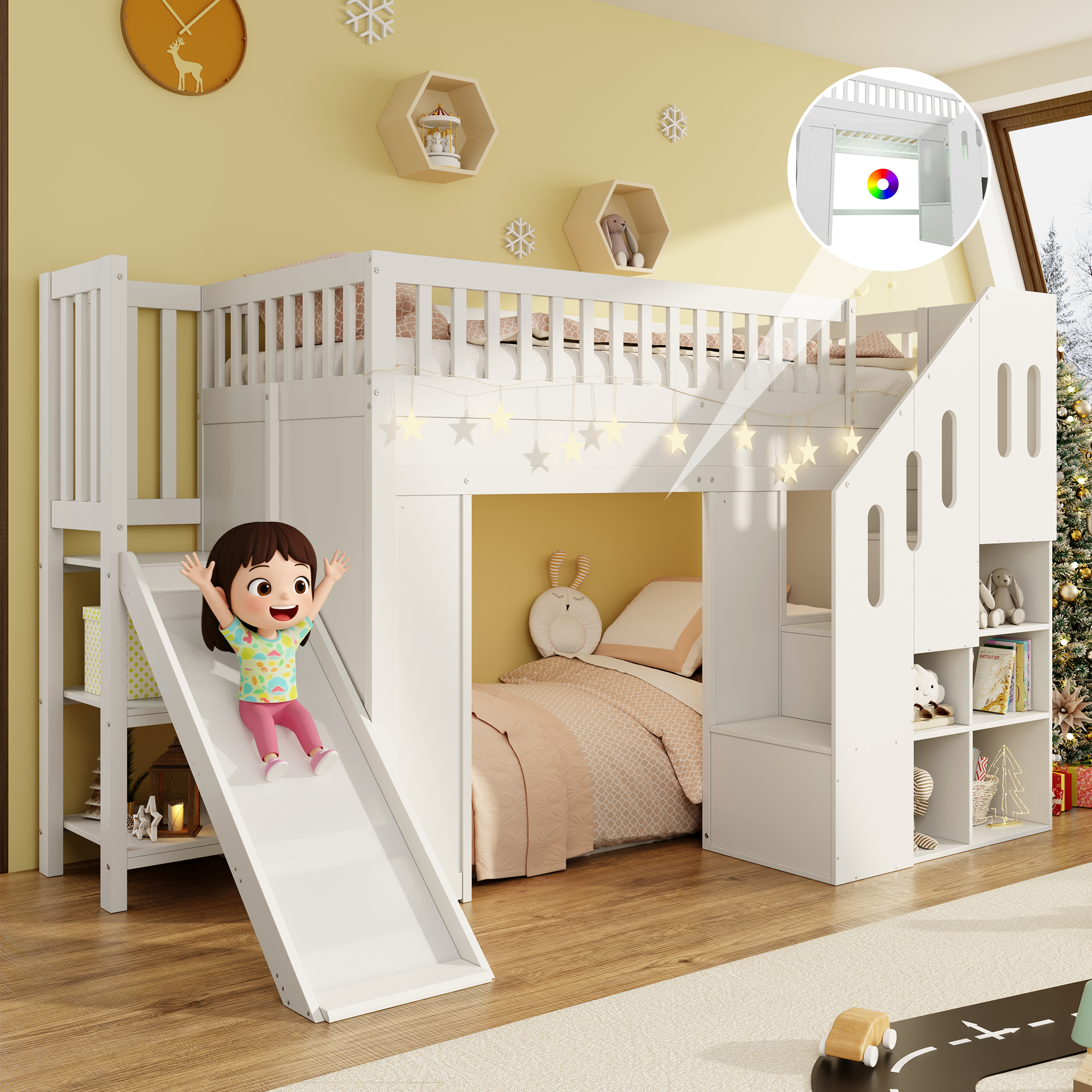 Bunk Bed, Loft Bed, Cot 90x200cm With Slide, Fall Protection And Storage Stairs, Youth Bed, With LED Light Strip, Solid Wood, White