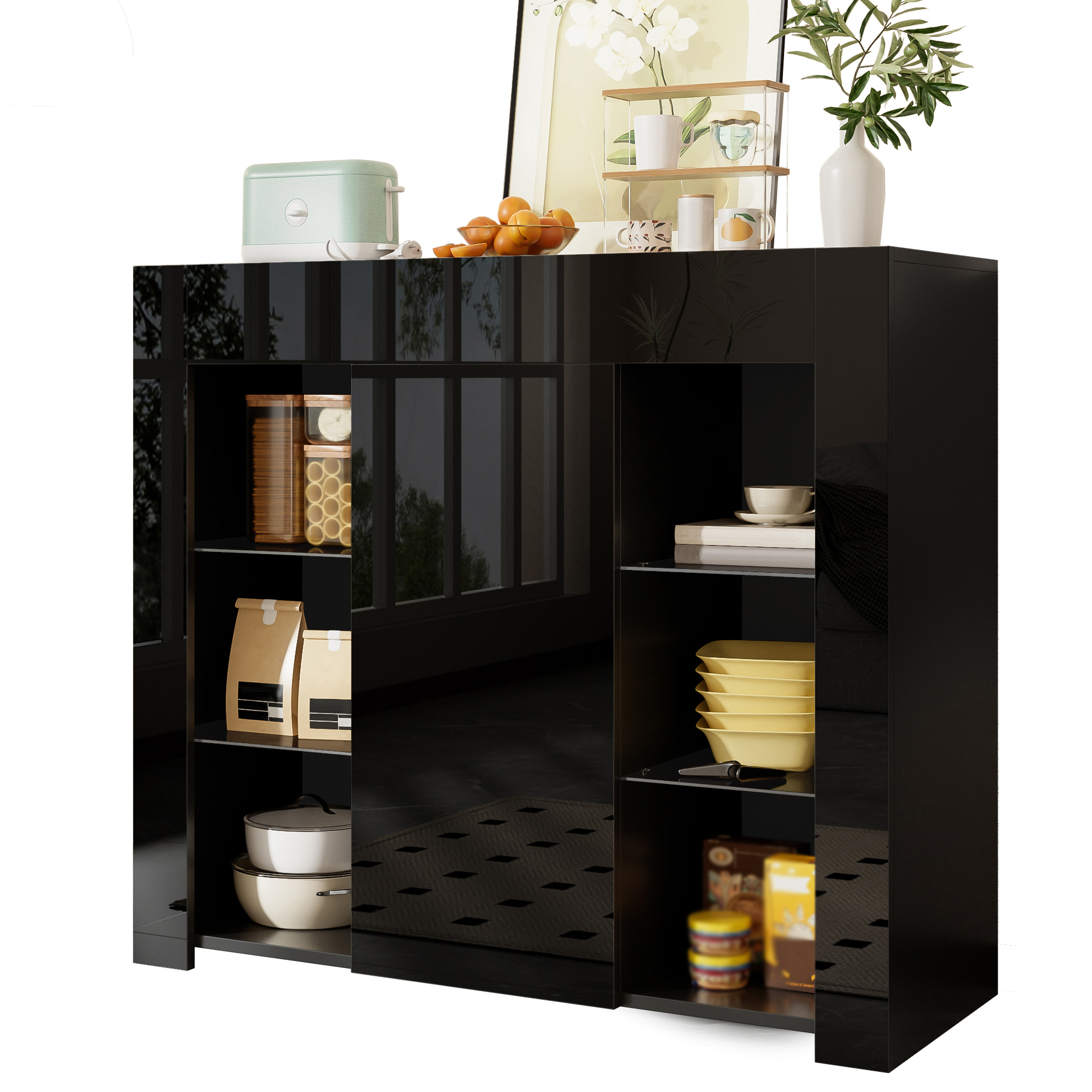 Modern Black Buffet With High Gloss Front  Compact, Stylish Storage Solution With Glass Shelves And Cabinet Door For Living Room, Dining Room Or Kitchen  95x35x83 Cm