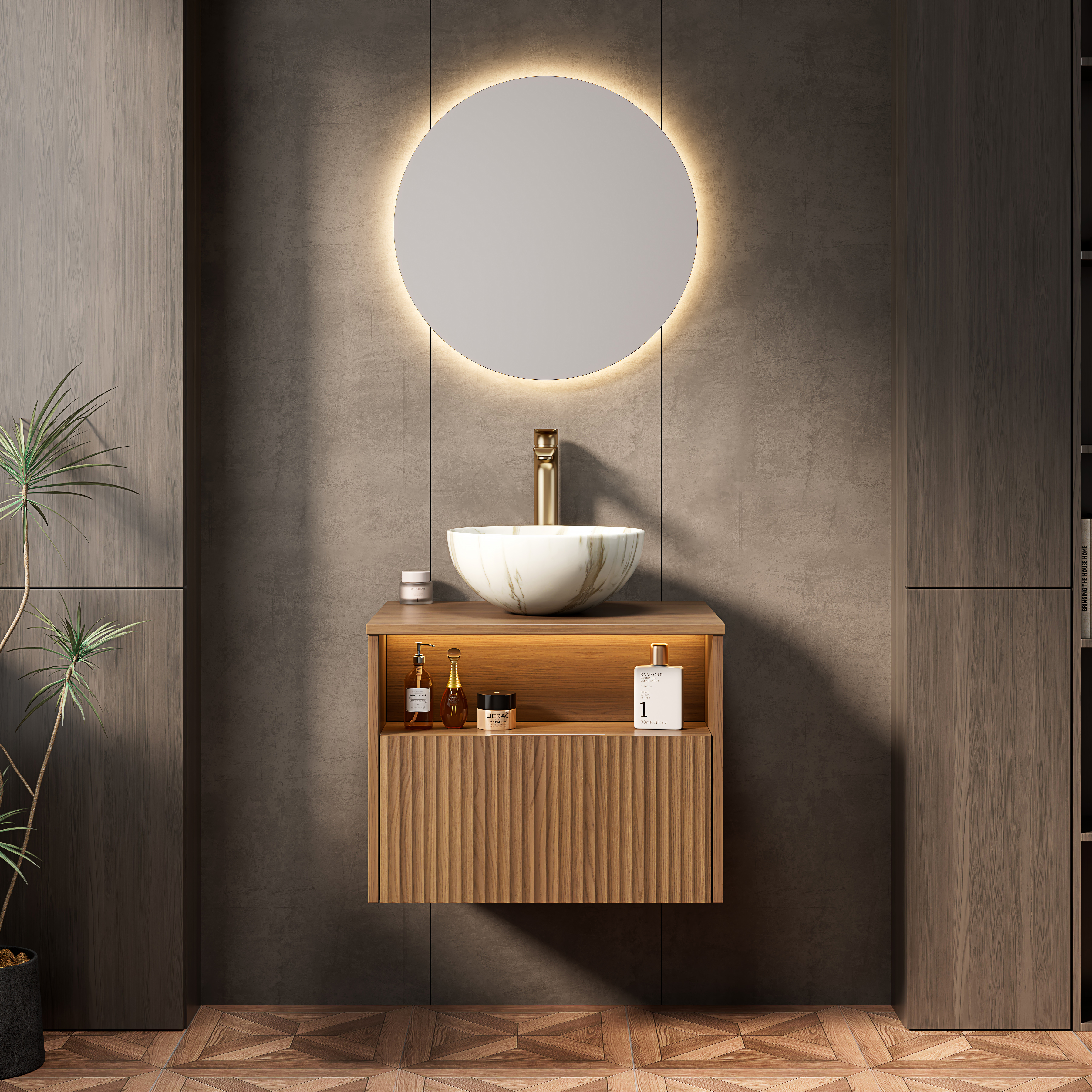 60cm Floating Bathroom Vanity Unit With White Ceramic Stone Pattern Bowl Basin, Striped Plywood Cabinet With Drawer & Shelf, Sensor Light, Pre-assembl