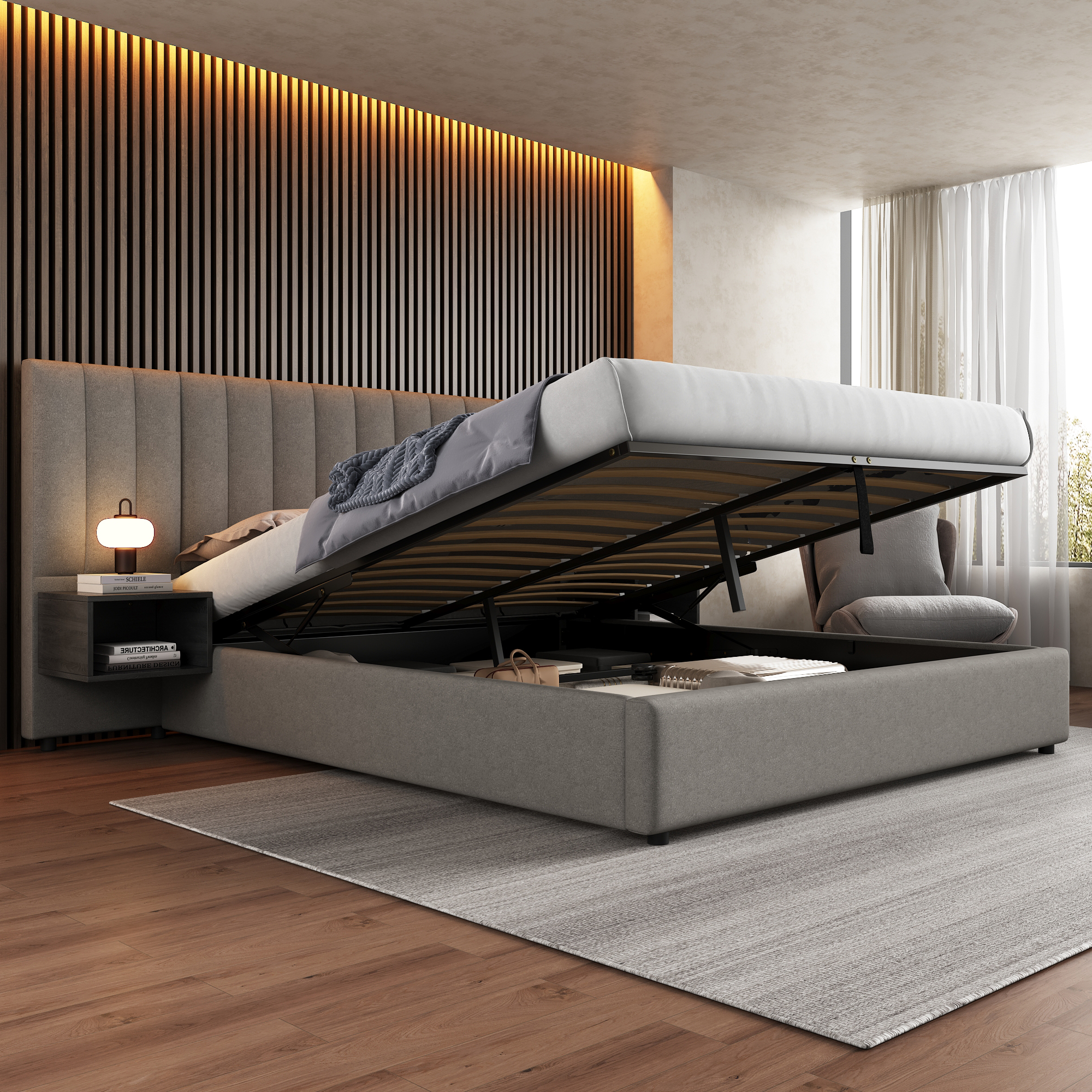 Upholstered Bed 180 X 200 Cm, Hydraulic Wide-eared Bed With Two Bedside Tables With Storage Space, Suitable For Adults And Teenagers, Wooden Slatted Base, Easy Assembly, Linen, Grey   Black