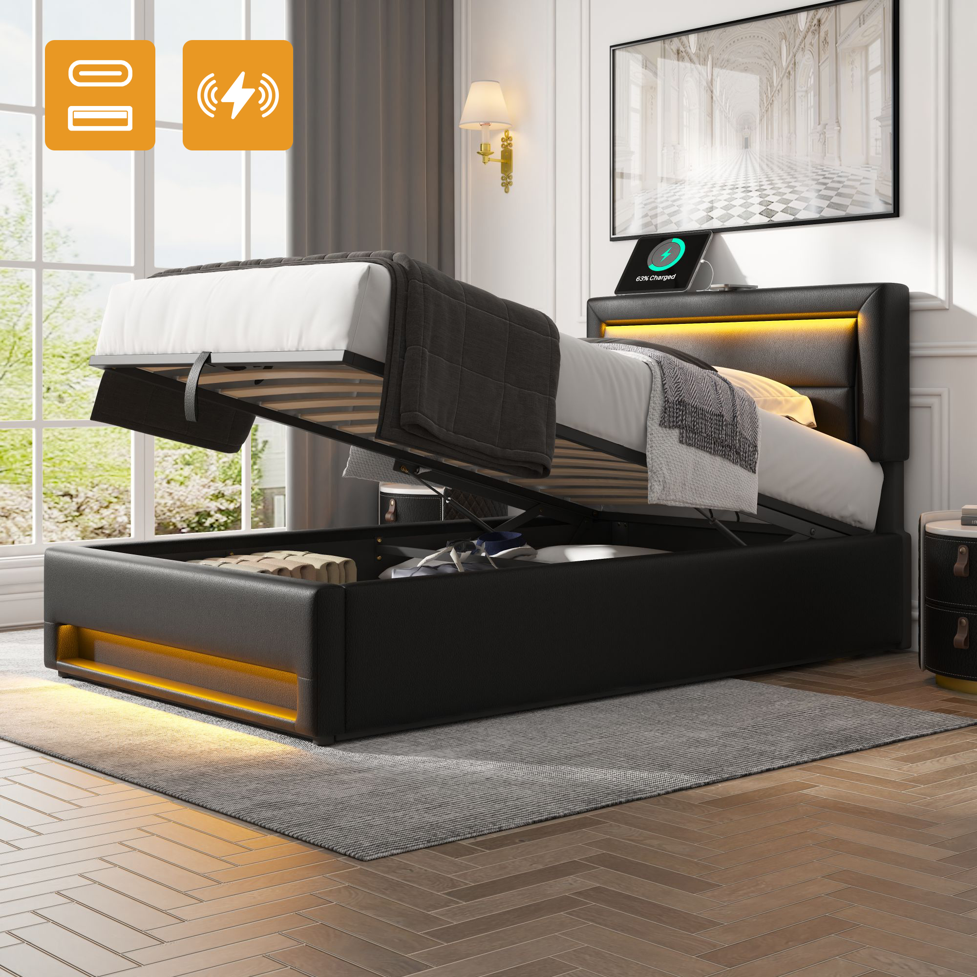 Upholstered Bed 90 X 190 Cm, With USB Port  Supports Wireless And Wired Charging , With LED Lighting And Storage, Without Mattress, PU Lychee Pattern, Black