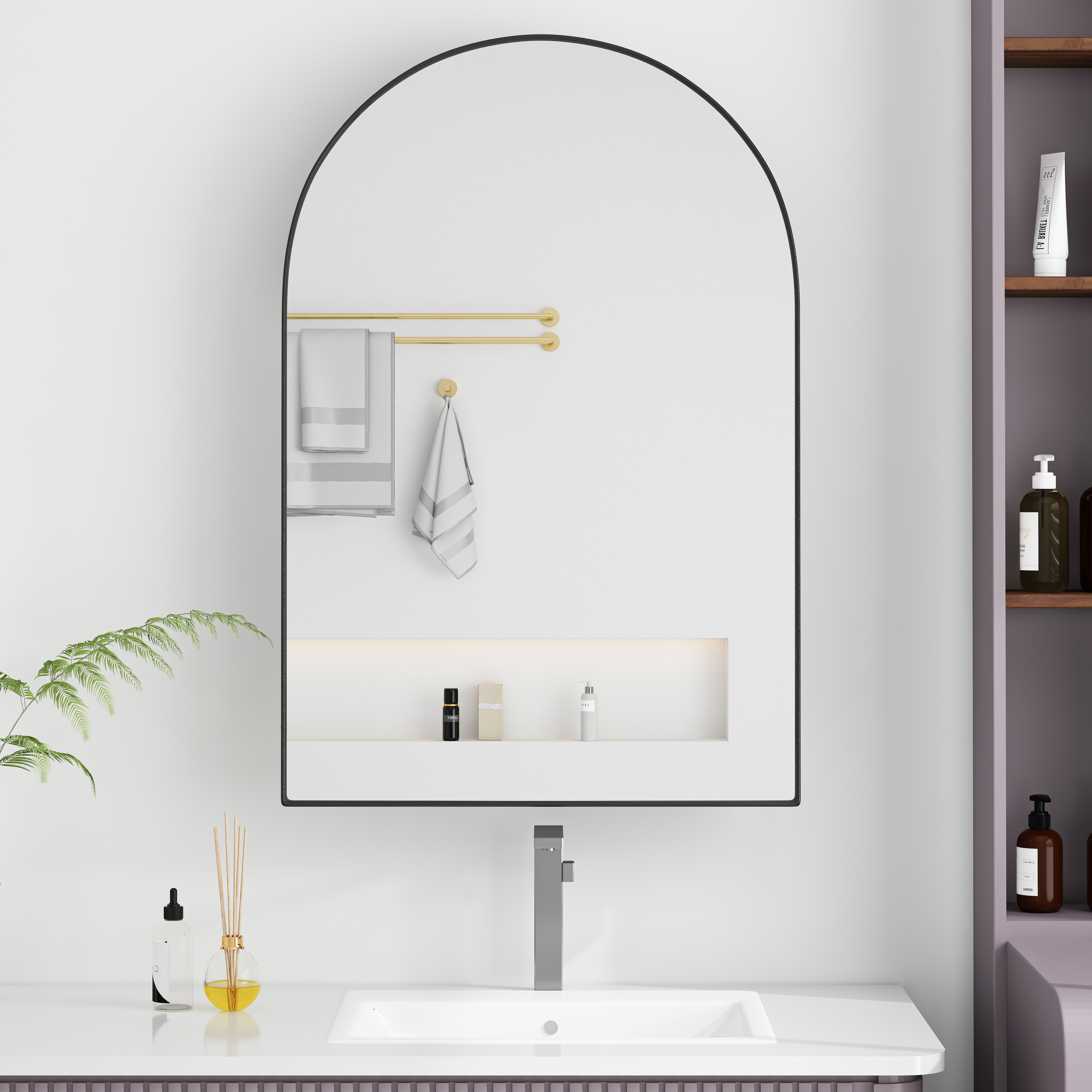 Stylish Arched Mirror Cabinet, Recessed Medicine Cabinet, Wall Cabinet With Metal Framed, Mirror And Adjustable Shelves, Mirror Cabinet With Storage For Bathroom, Living Room And Bedroom, Black — foto 5