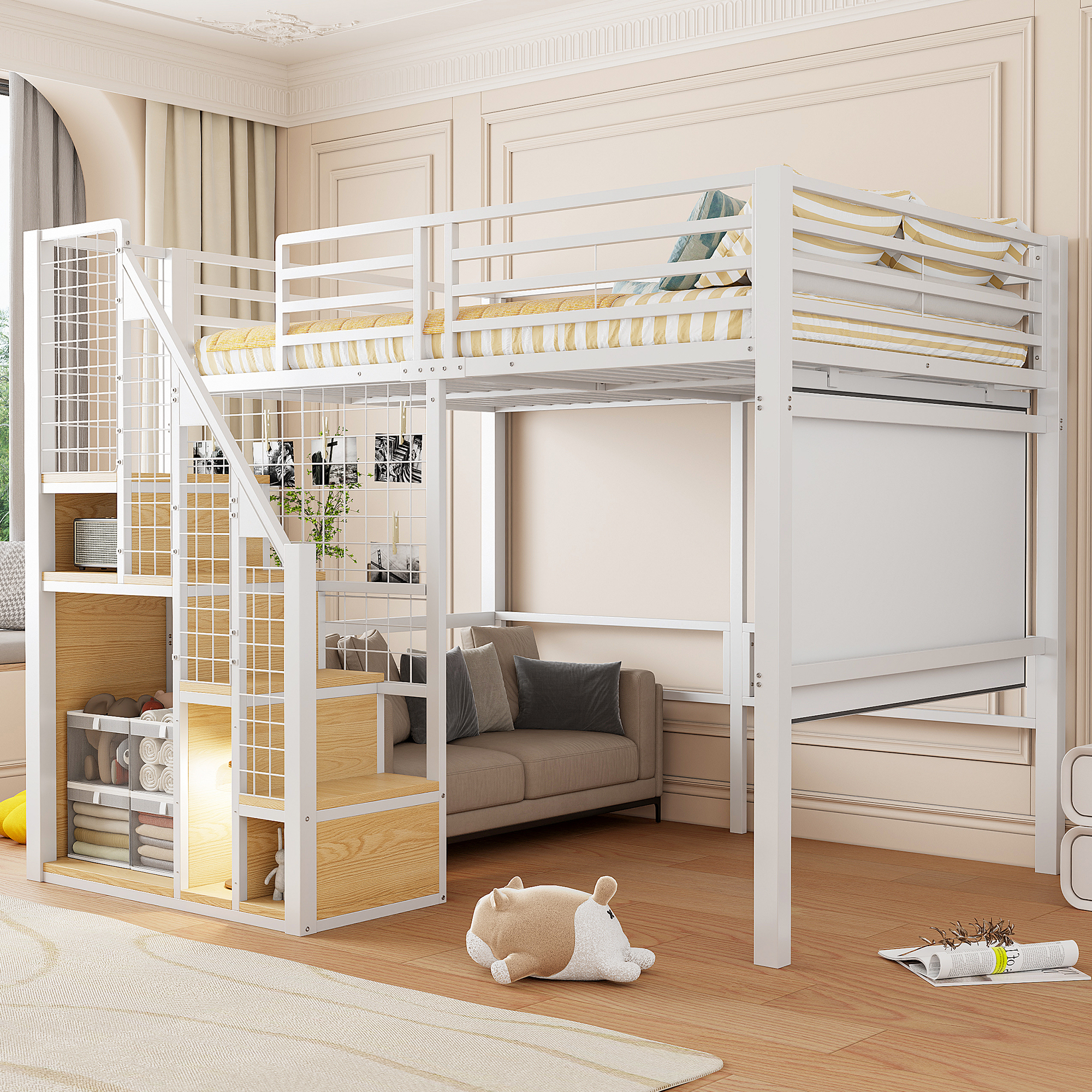 Loft Bed With Safety Ladder 140x200, Cot With Iron Frame And Storage Area, Youth Bed, White