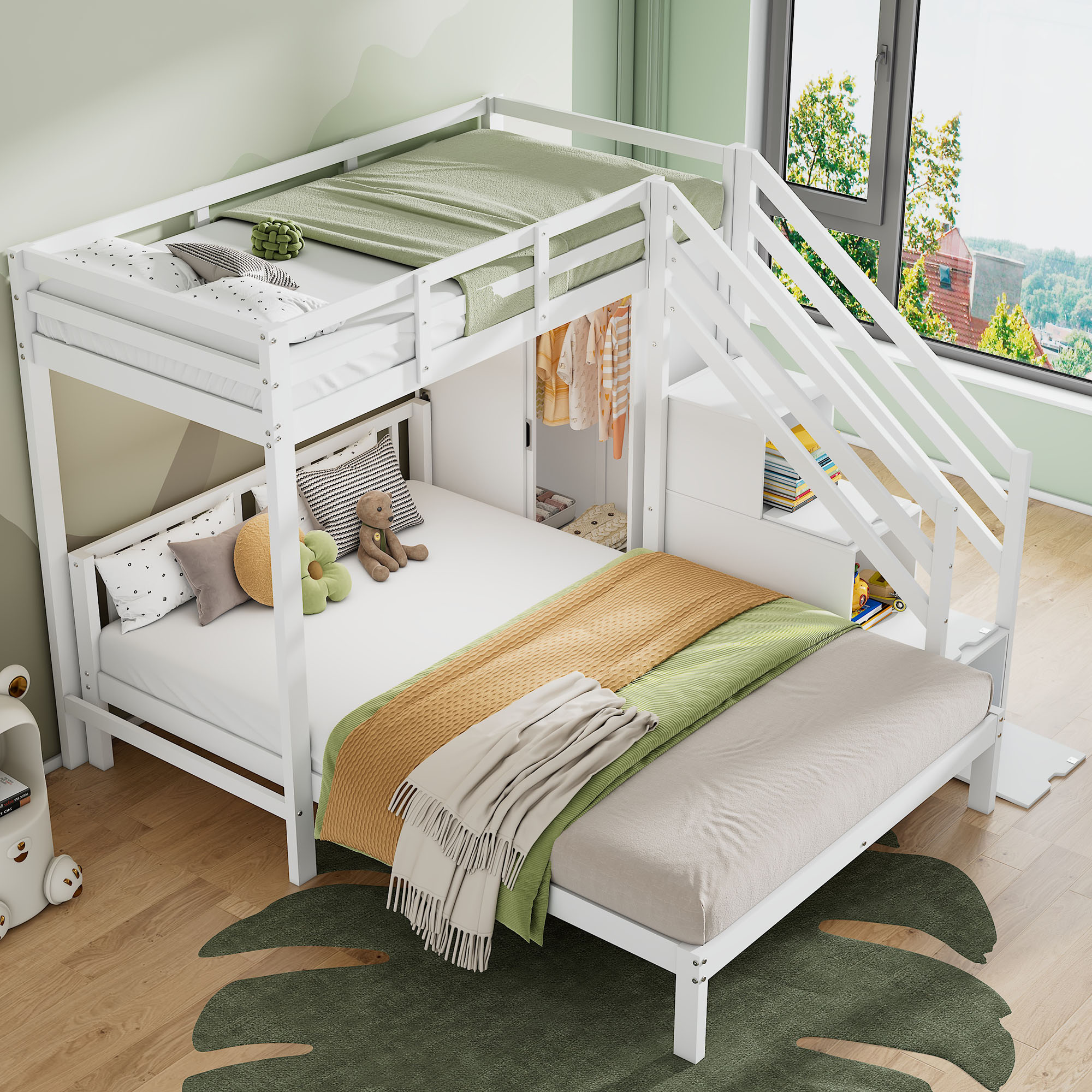 Bunk Bed With Wardrobe, 90x200cm 140x200cm,Multifunctional Children's Bed, Children's Bunk Bed, With Storage Stairs, Large Storage Space,Without Mattress, Solid Wood MDF,White OLD SKU N634P1704412456W