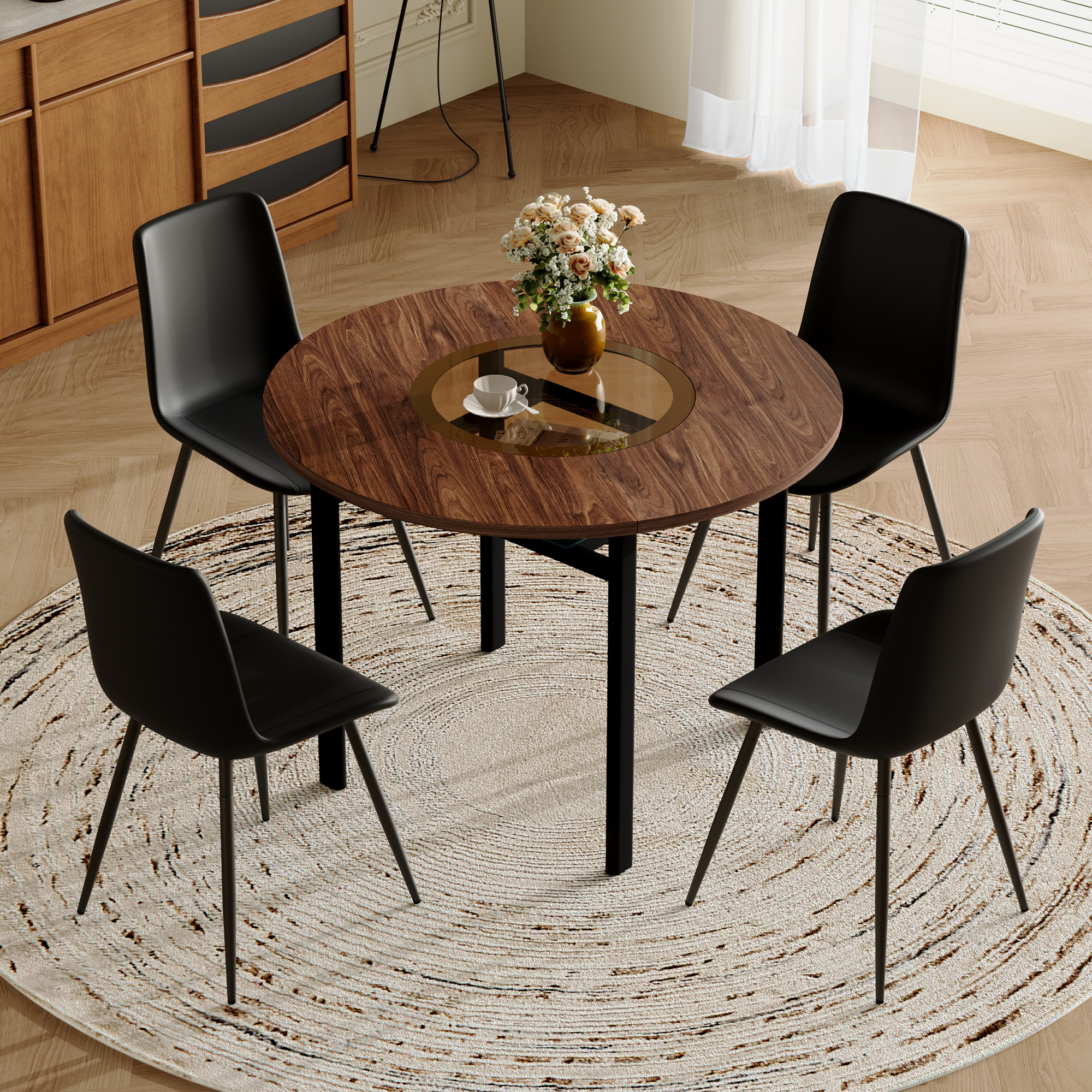 Modern Minimalist Round Table Set  With Integrated Storage Compartment And 4 Armchairs In Black PU Material , Round Table With A Diameter Of 100 Cm In Brown Wood Effect, Suitable For Dining Rooms.